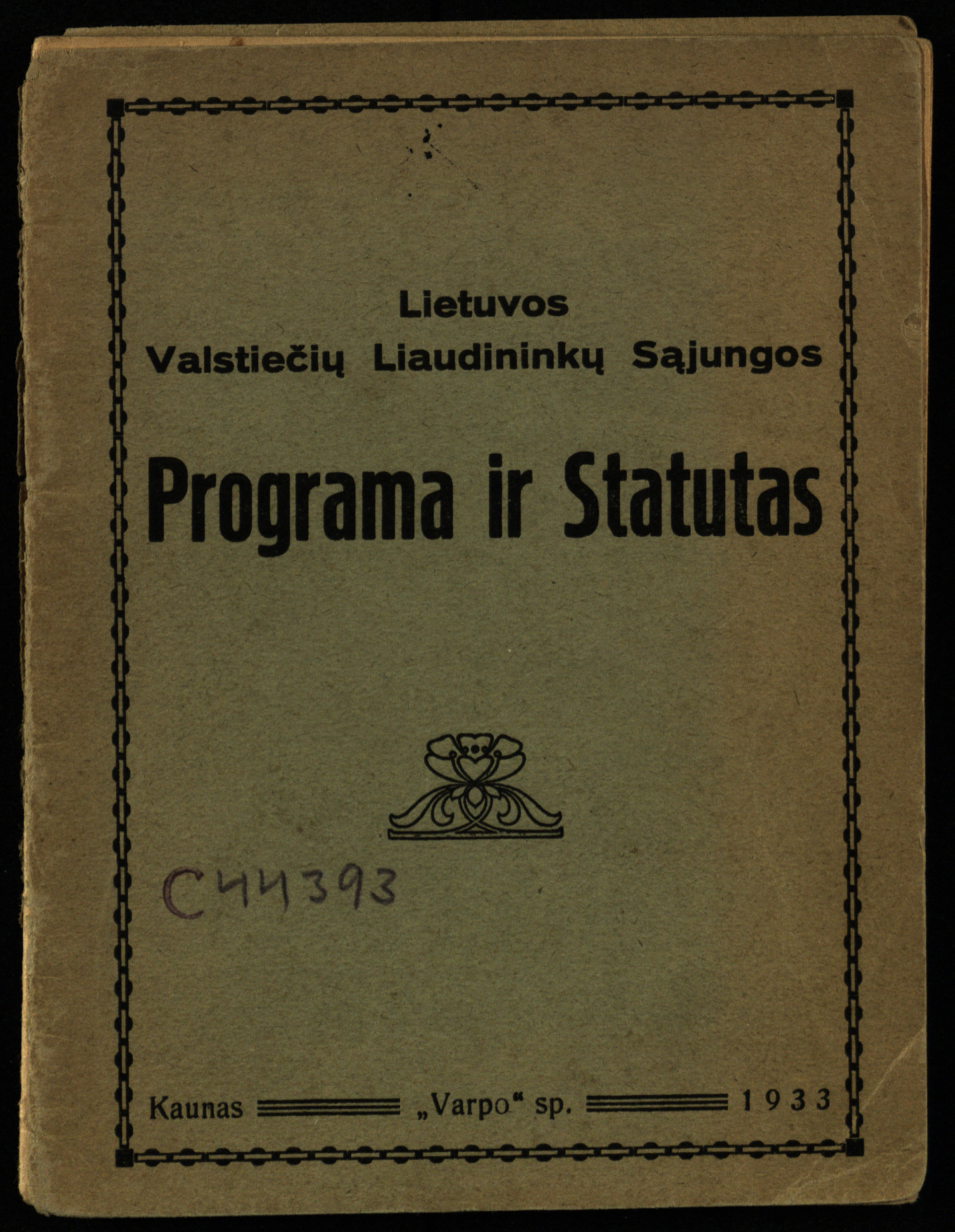 Lietuvos valstiečių liaudininkų sąjungos programos ir statuto leidinys, 1933 m.