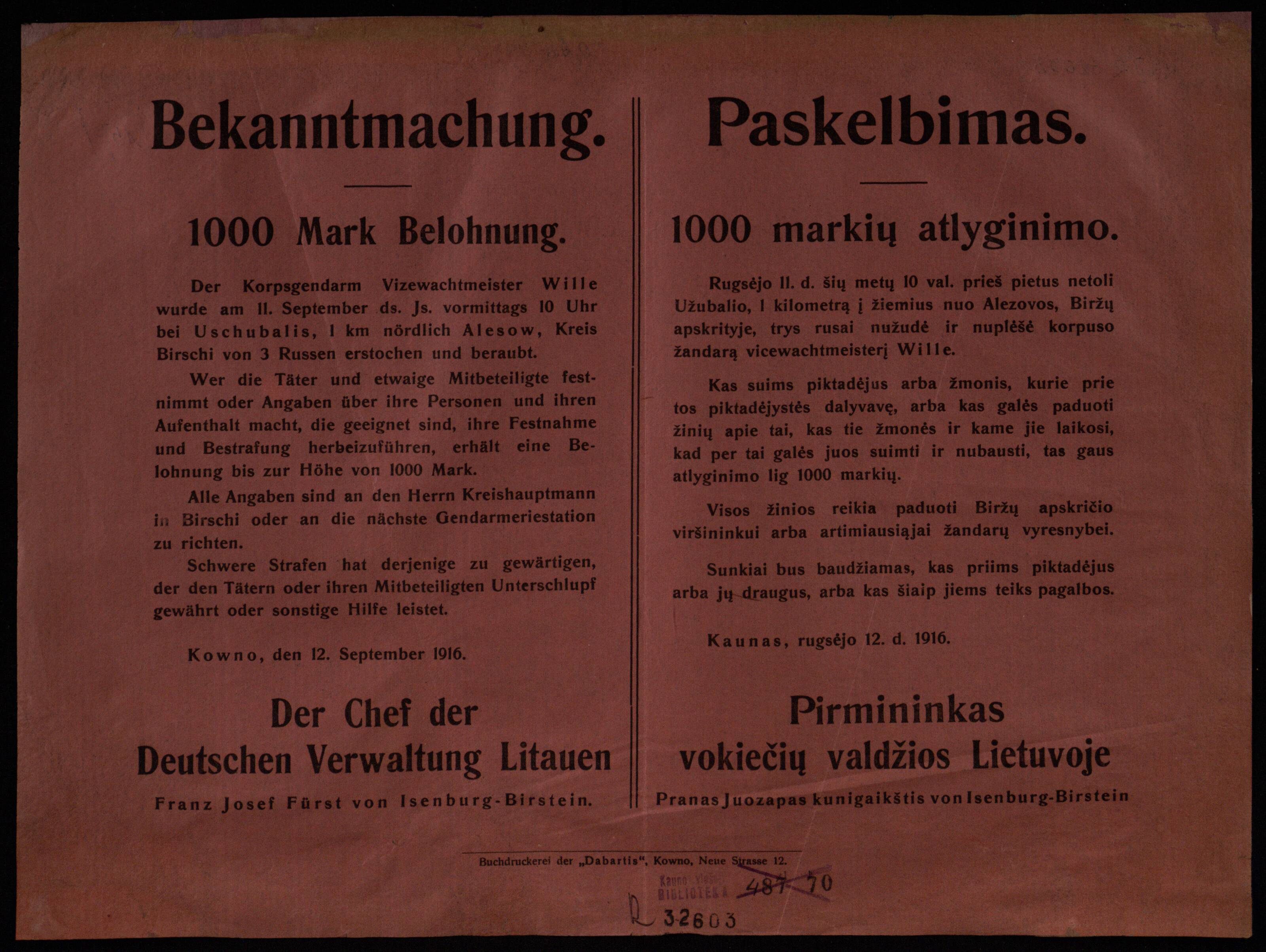 Paskelbimas apie tris rusus, 191? m. Biržų apskrityje nužudžiusius vokiečių žandarą.
