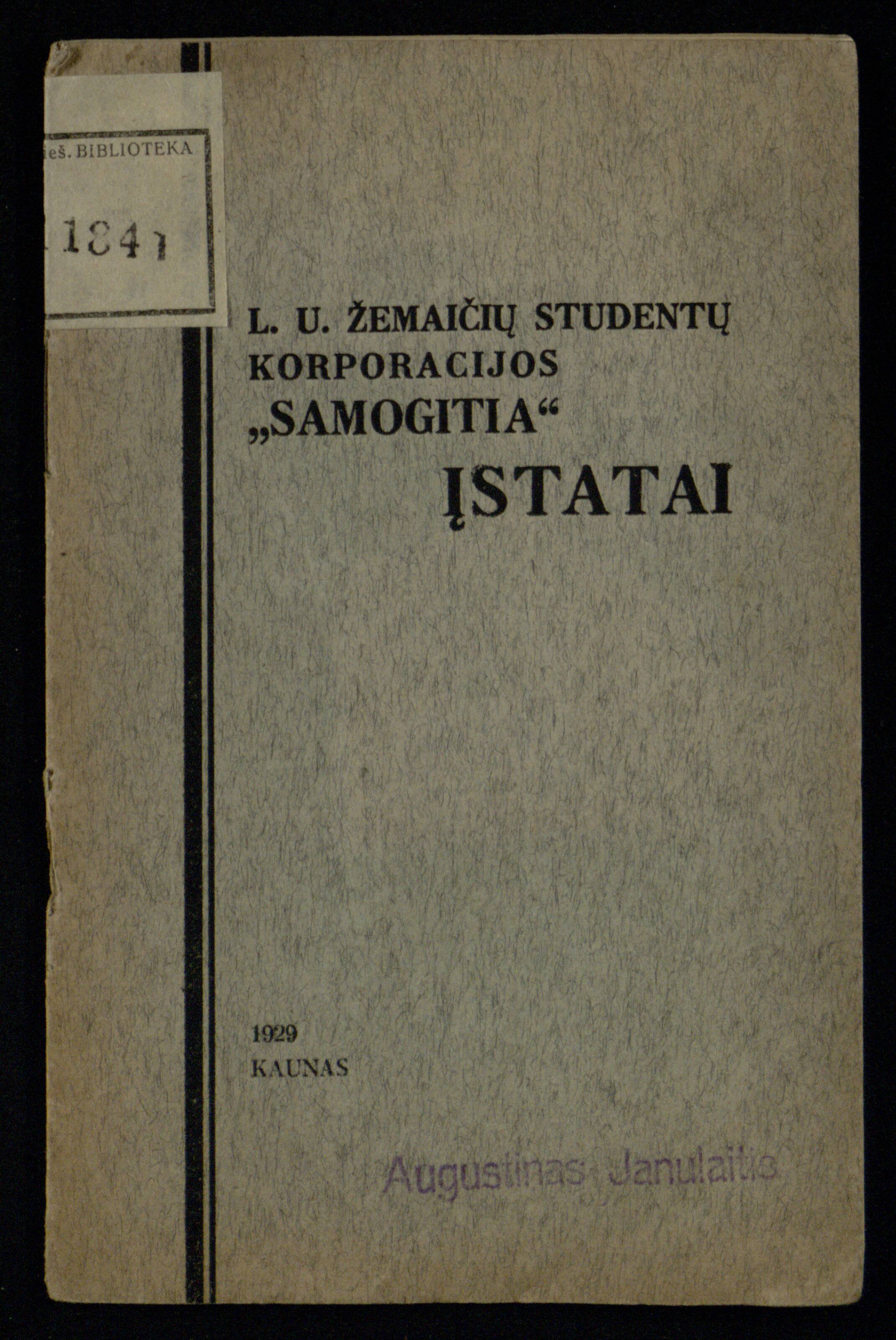 L. U. Žemaičių studentų korporacijos „Samogitia“ įstatai, 1929 m.
