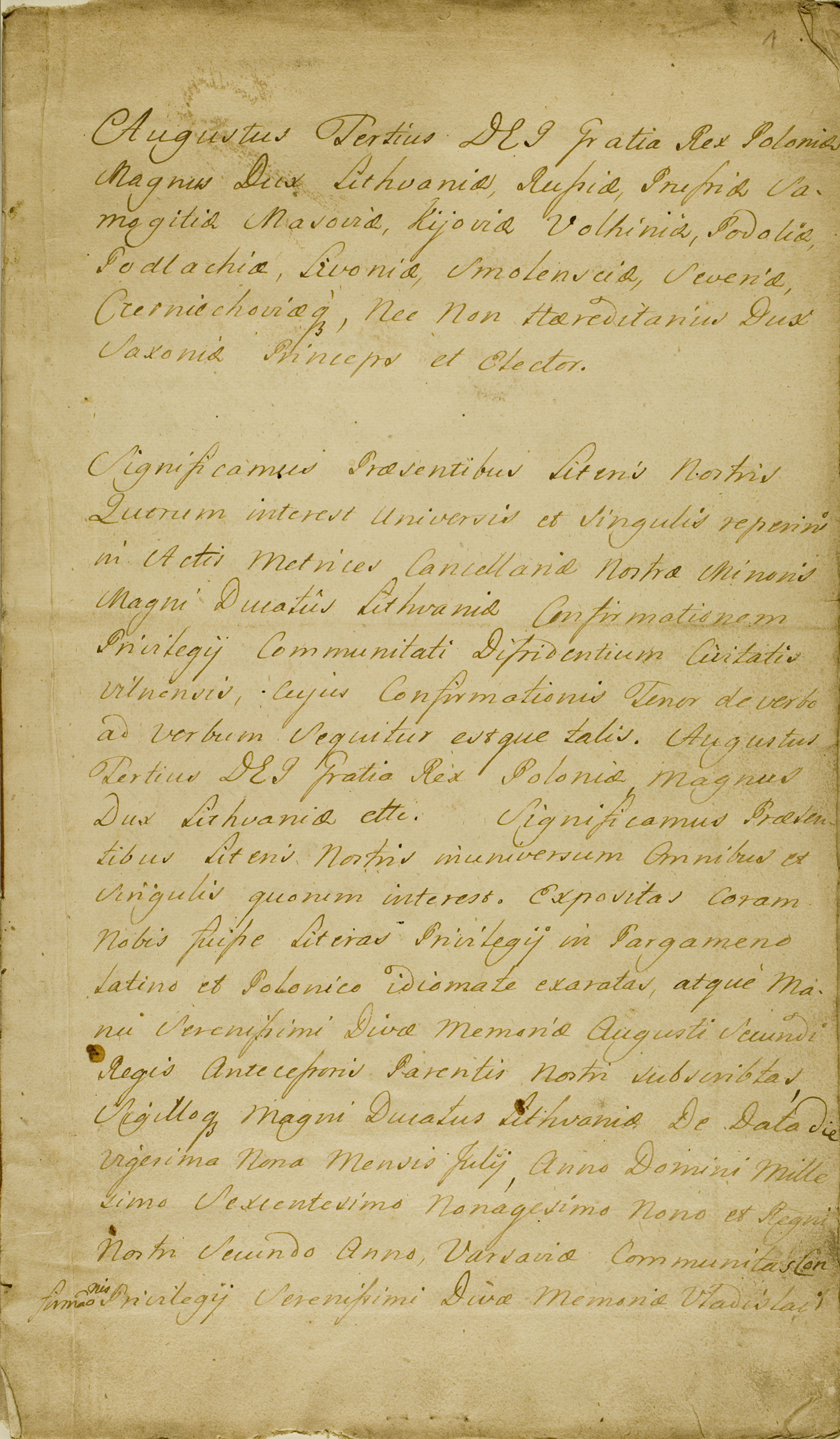 1739 m. privilegijų rinkinio rankraštis, kuriame patvirtinamos ankstesnės Vladislovo IV privilegijos.