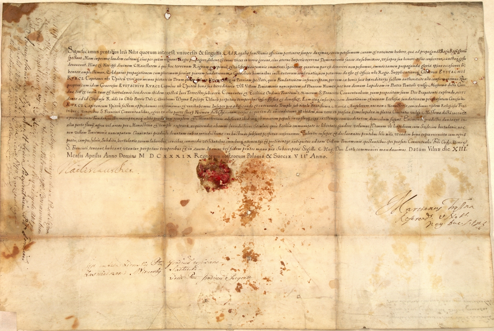Vladislovo IV Vazos 1639 m. raštas dėl fundacijos Gardino pranciškonams patvirtinimo.