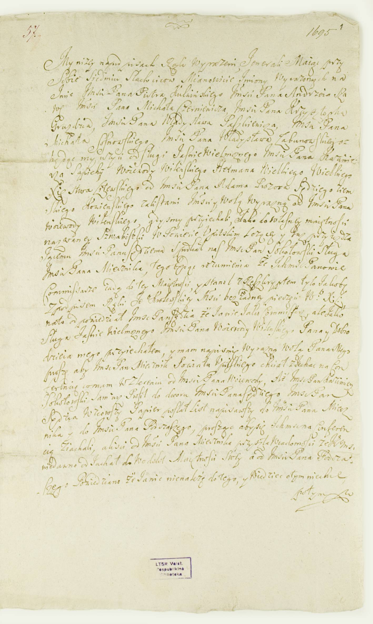 1695 m. rankraštinis dokumentas, kuriame minimas LDK didikas ir lauko etmonas Kazimieras Sapiega.