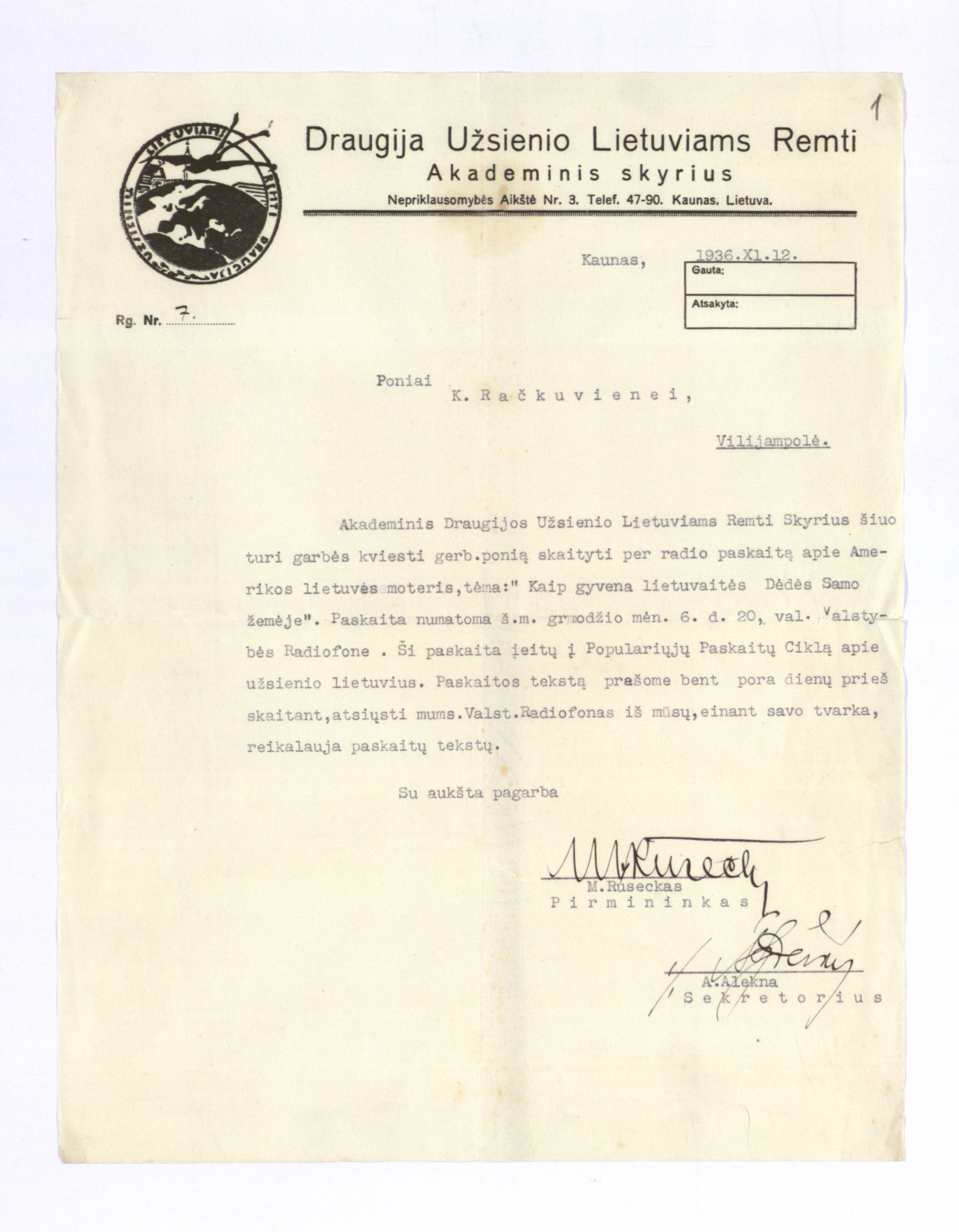 1936 m. kvietimas skaityti radijo paskaitą apie Amerikos lietuves moteris