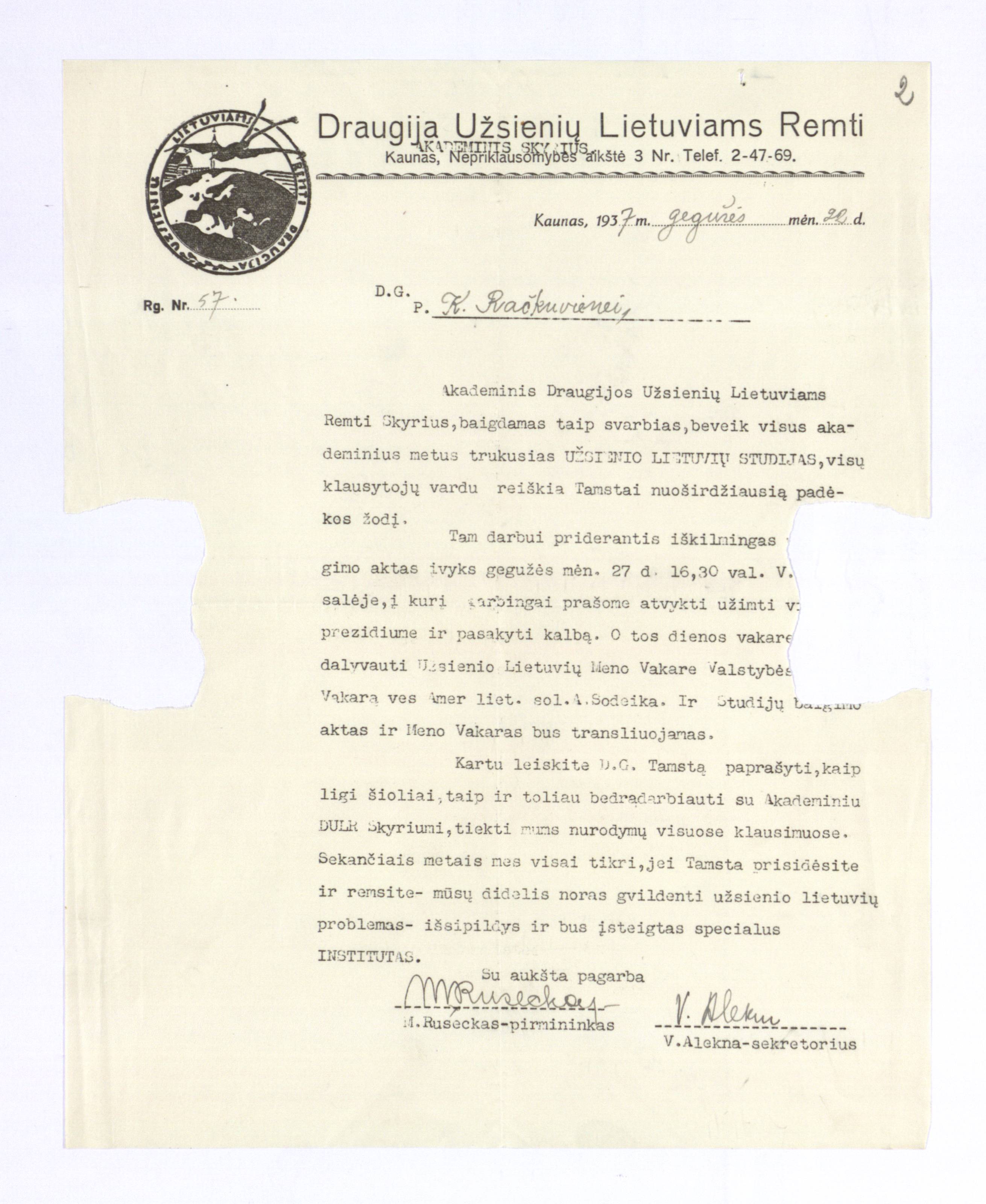 1937 m. Draugijos užsienio lietuviams remti kvietimas ir padėka