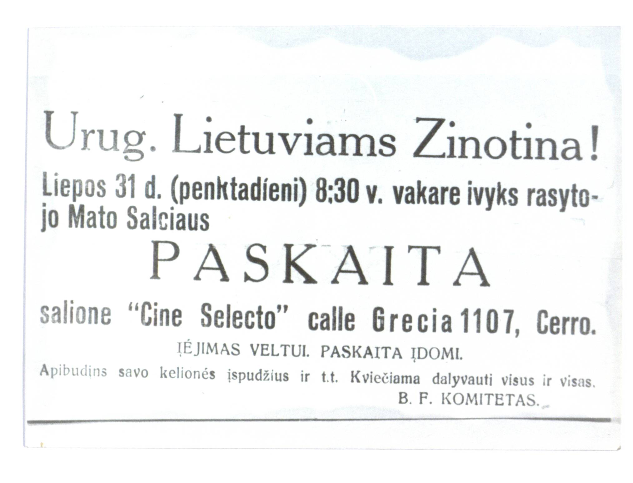 Skelbimas Urugvajaus lietuviams apie Mato Šalčiaus paskaitą.