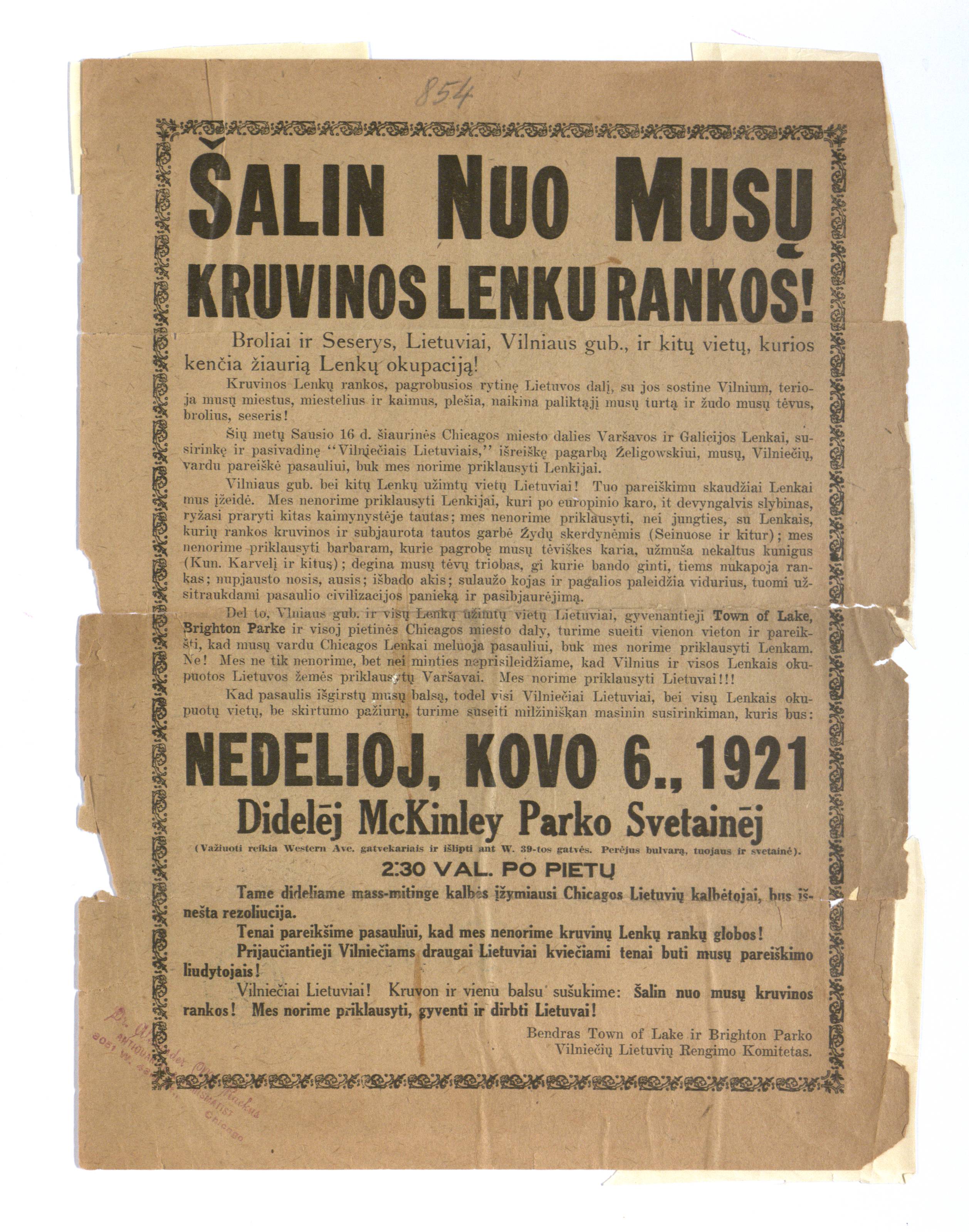 1921 m. Čikagos lietuvių mitingo atsišaukimas dėl Vilniaus krašto okupacijos