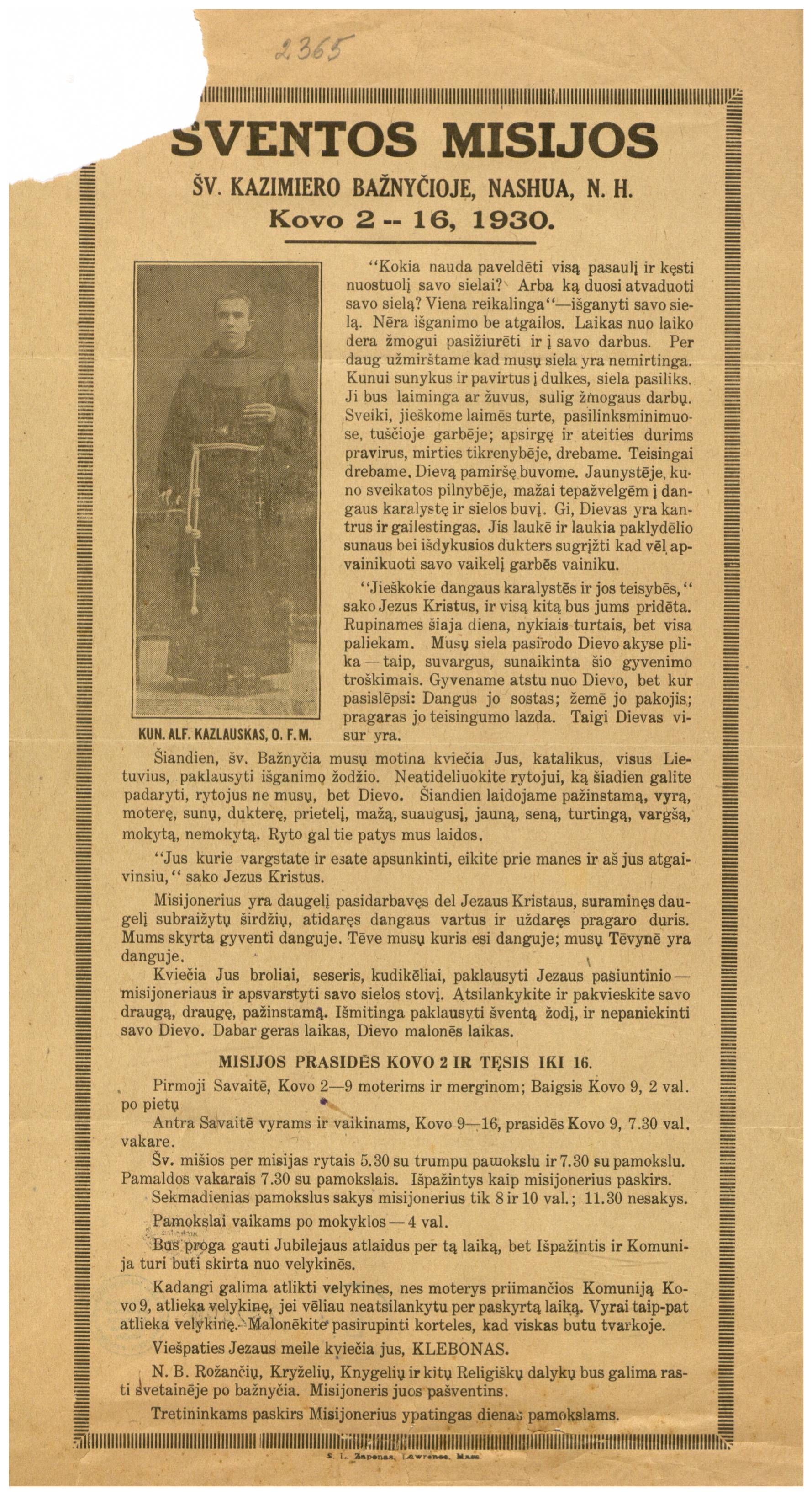 1930 m. lietuvių katalikų misijų skelbimas Nashua Šv. Kazimiero bažnyčioje.