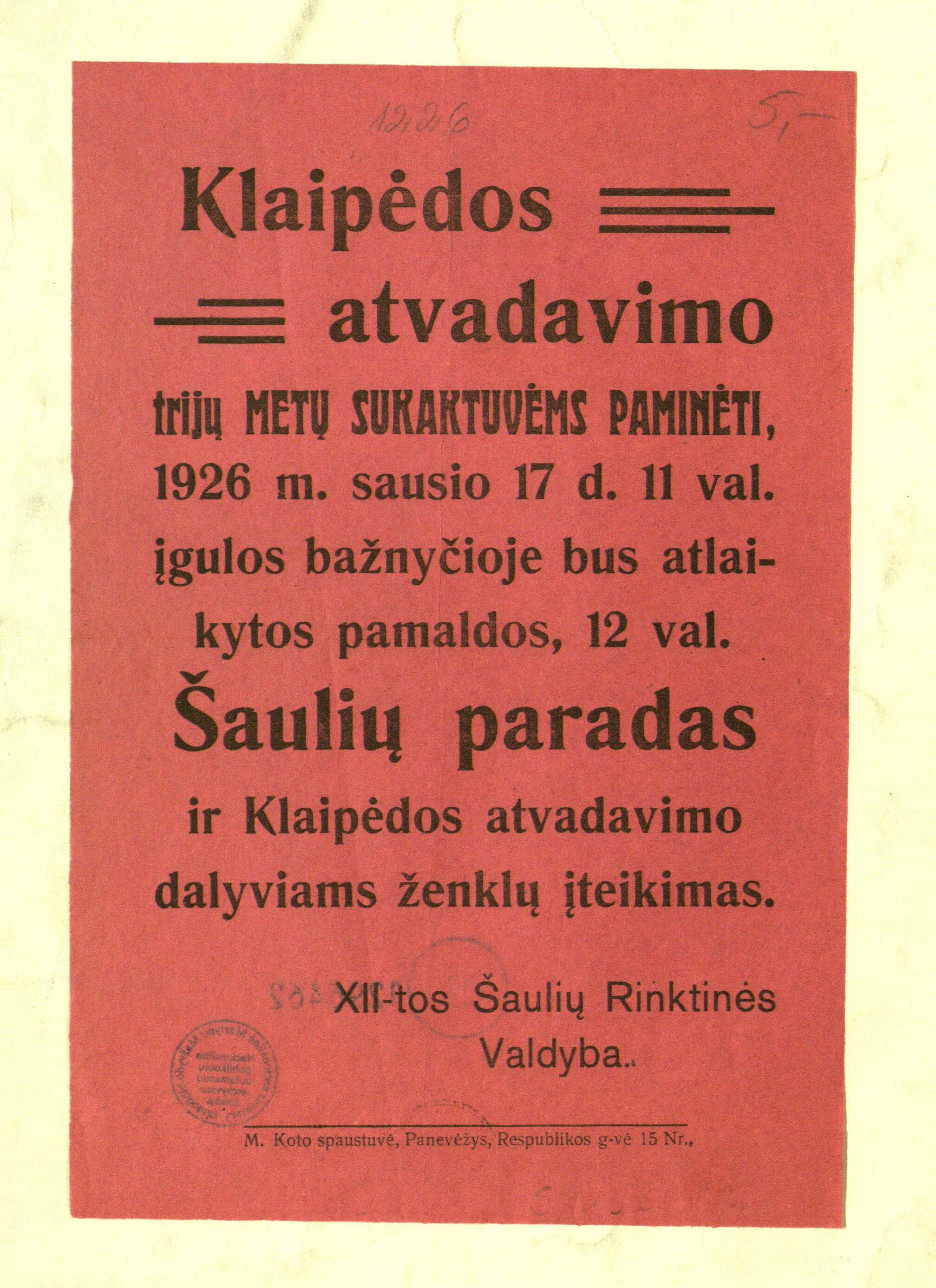1926 m. skelbimas apie Klaipėdos atvadavimo trejų metų sukakties minėjimą.