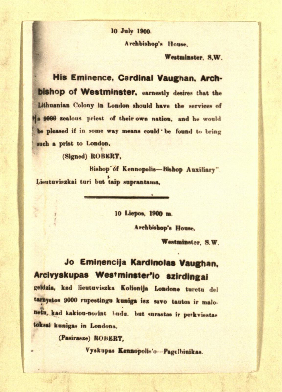 1900 m. raštas apie Londono lietuvių kolonijai skiriamą kunigą