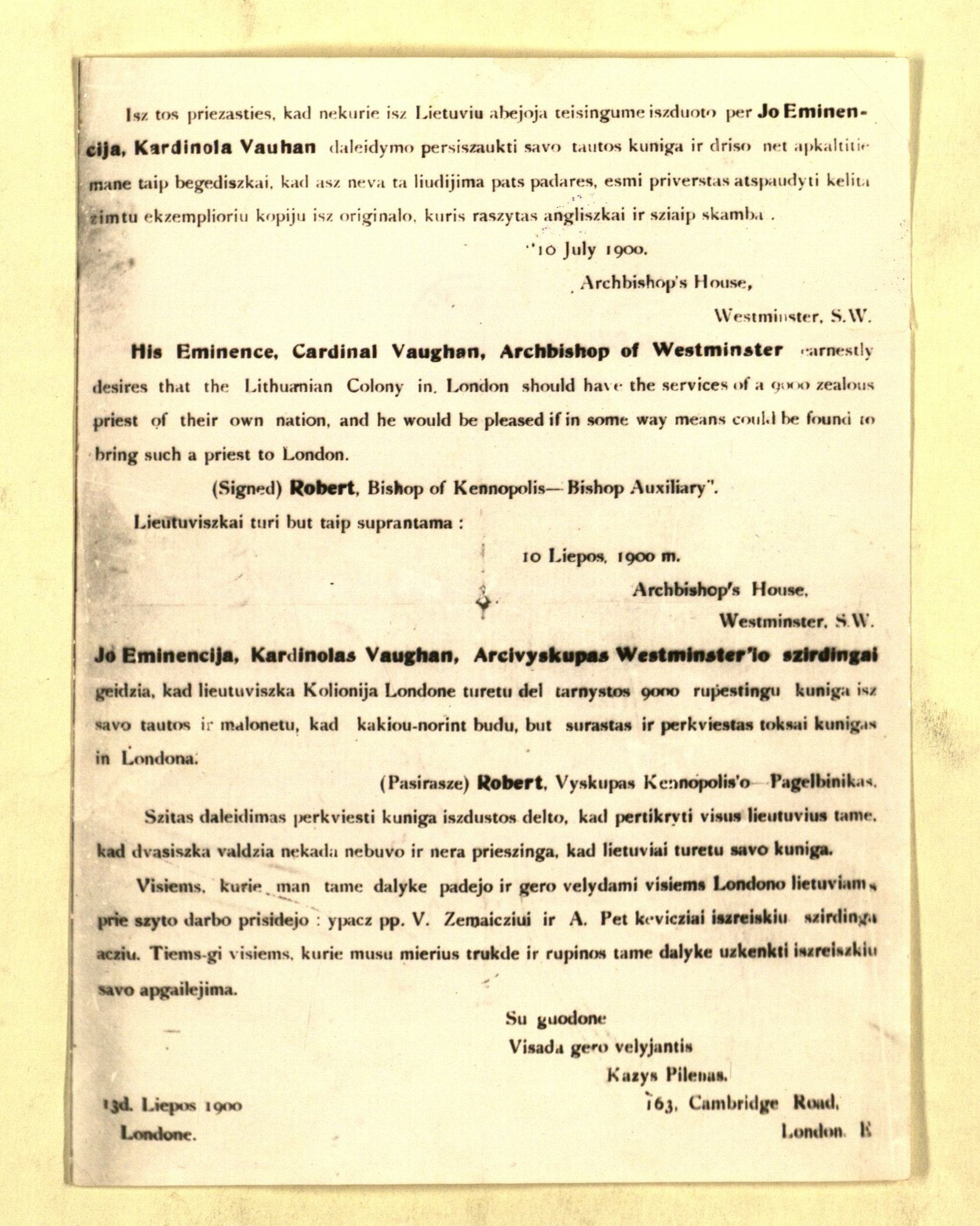 1900 m. pranešimas apie leidimą Londono lietuviams turėti savo kunigą