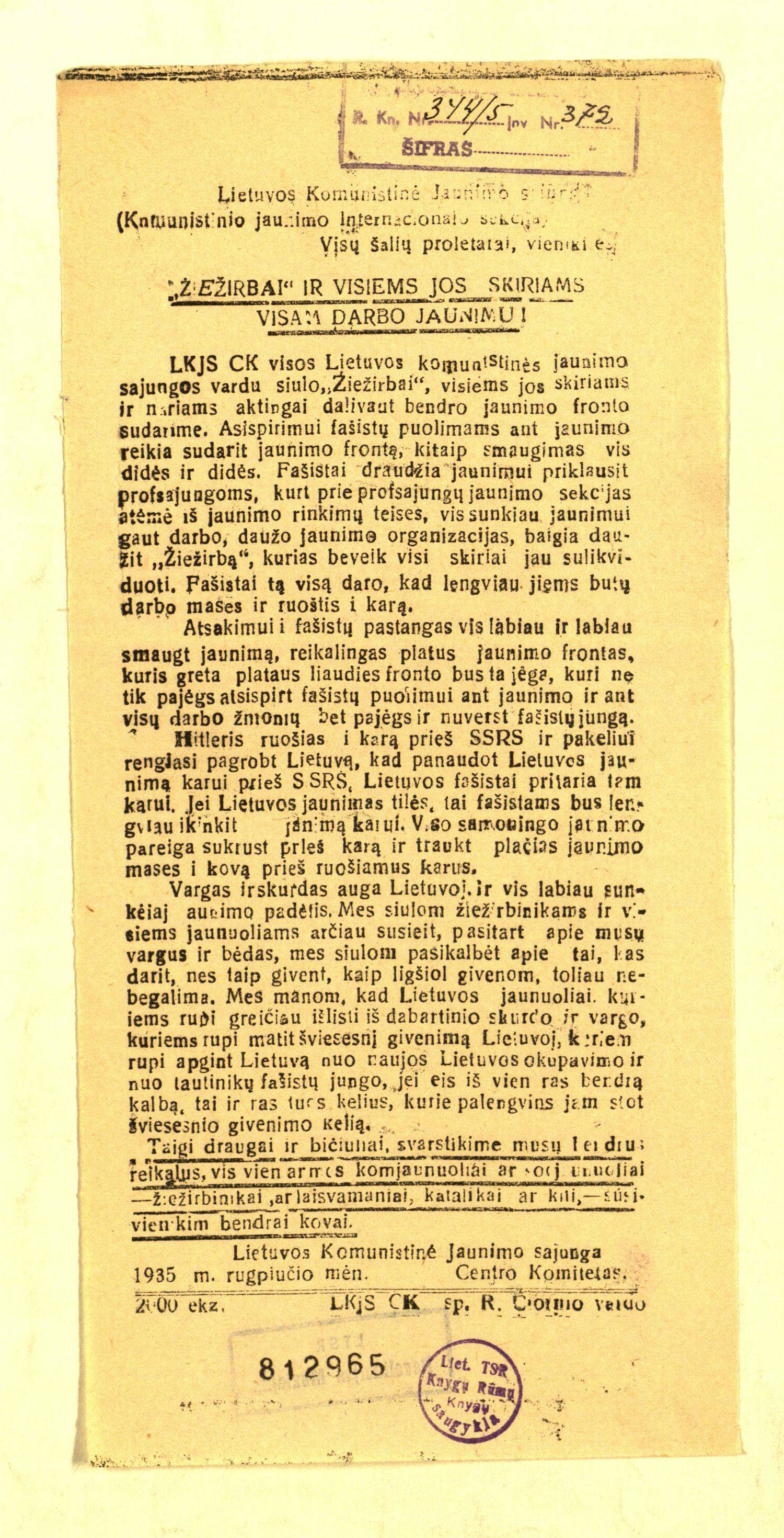 1935 m. Lietuvos komunistinės jaunimo sąjungos atsišaukimas Lietuvos jaunimui.
