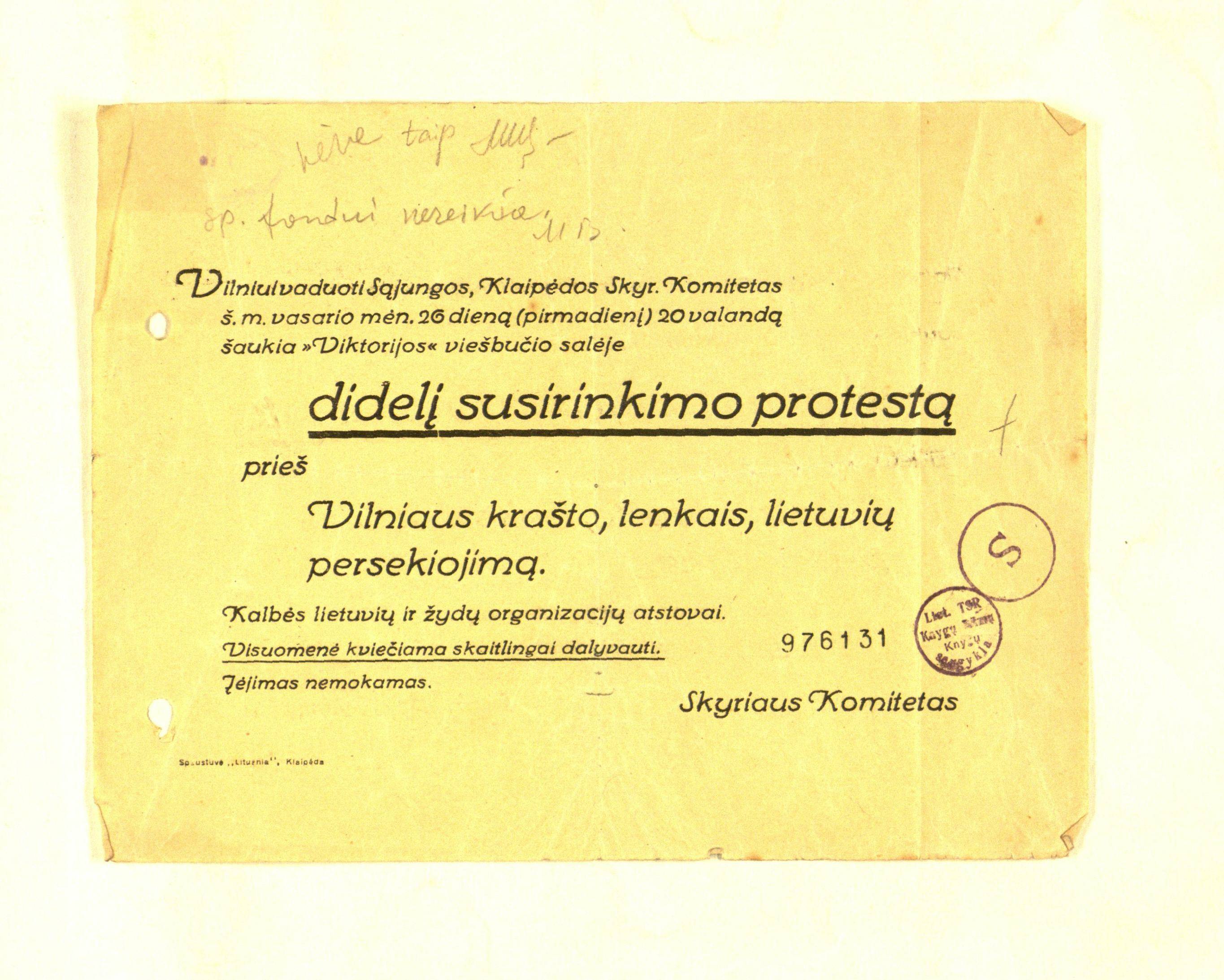 Vilniaus vadavimo sąjungos kvietimas į protesto susirinkimą dėl lietuvių persekiojimo Vilniaus krašte.
