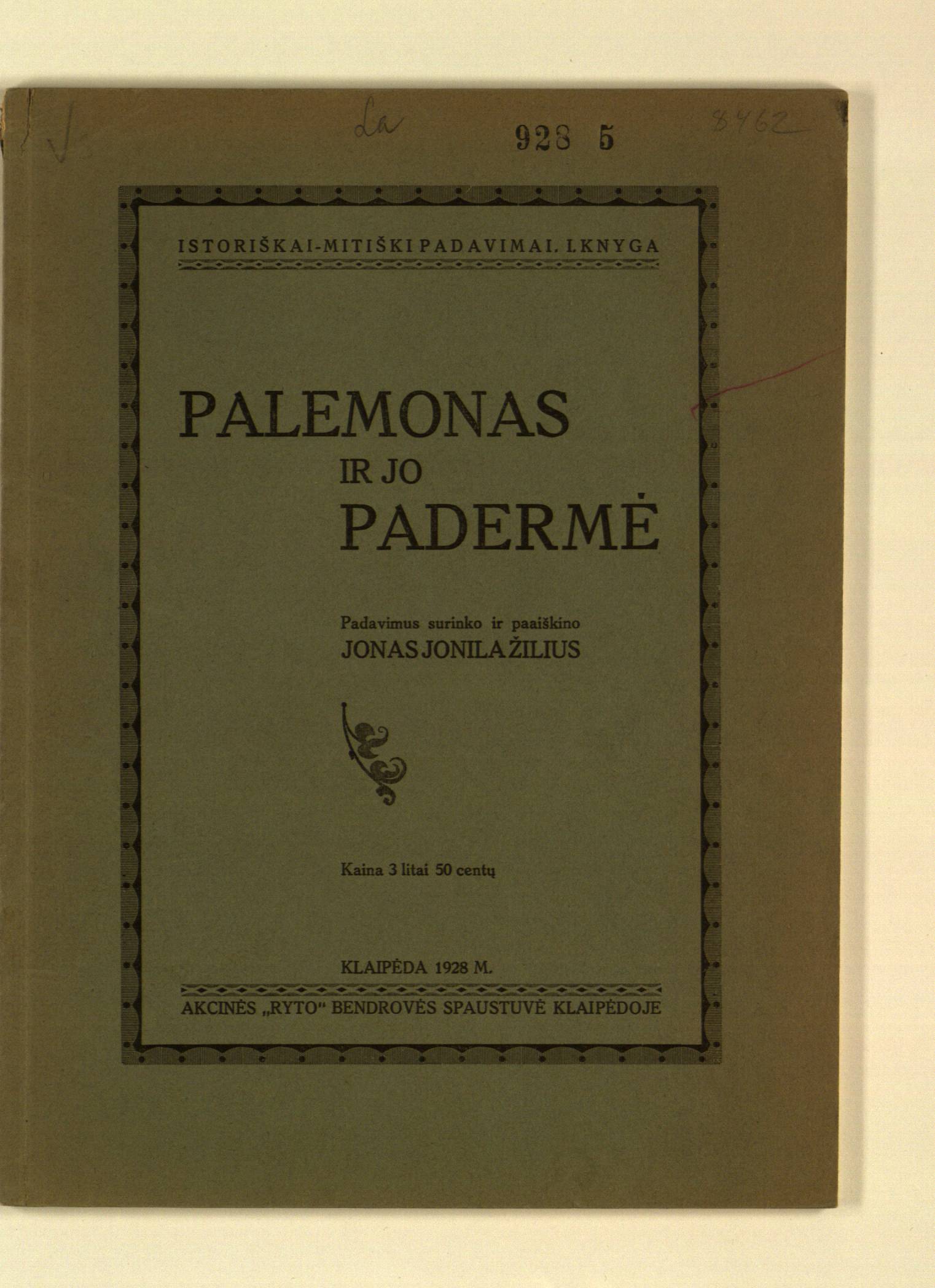 1928 m. Jono Jonilausko knygos „Palemonas ir jo padermė“ antraštinis viršelis.