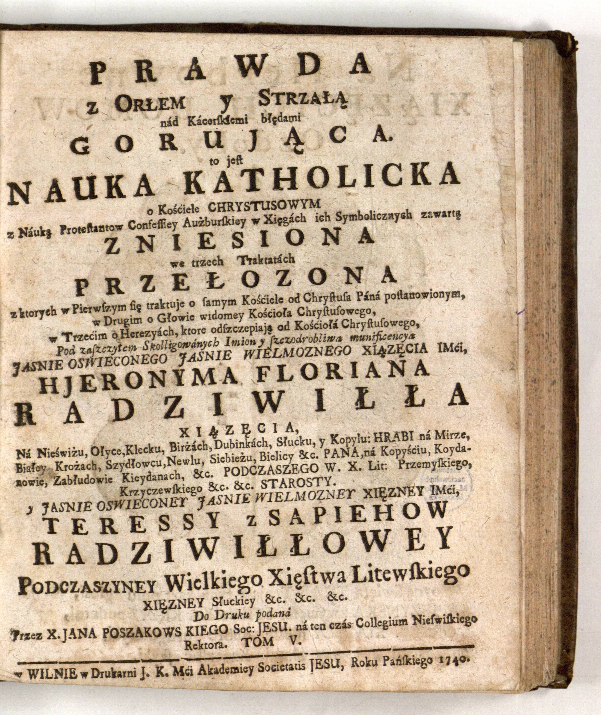 1738 m. katalikų doktrinos leidinio titulinis lapas, minintis didikus Radvilas ir Sapiehas bei protestantizmo kritiką.