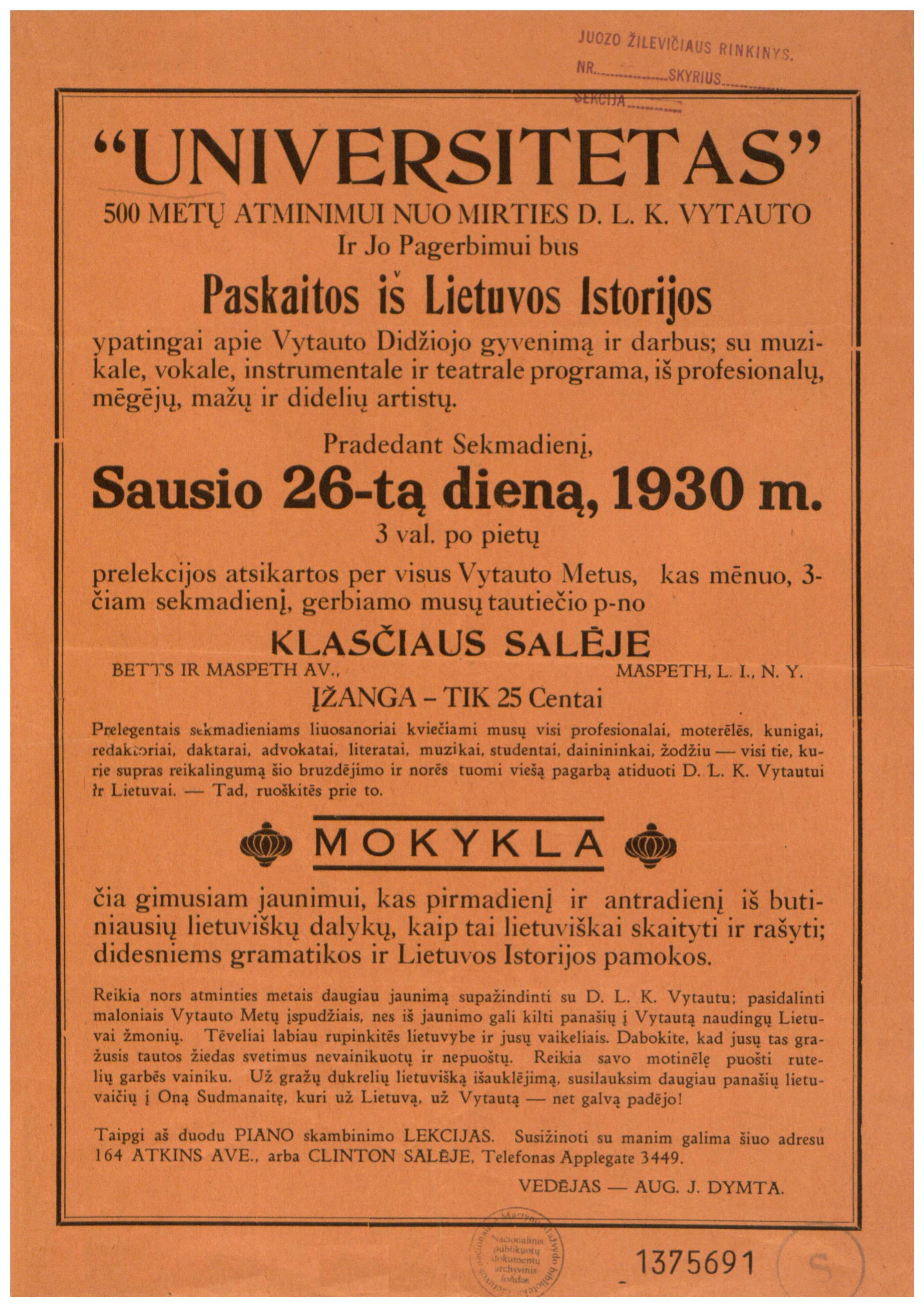 1930 m. paskaitų ciklo „Universitetas“ skelbimas, skirtas Vytauto Didžiojo mirties 500 metų sukakčiai paminėti.
