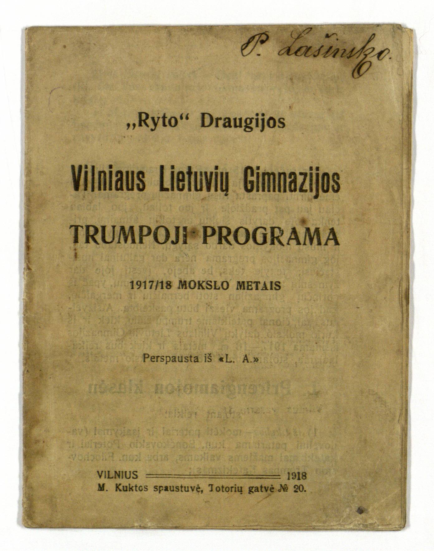 „Ryto“ draugijos Vilniaus lietuvių gimnazijos 1917–1918 mokslo metų programa