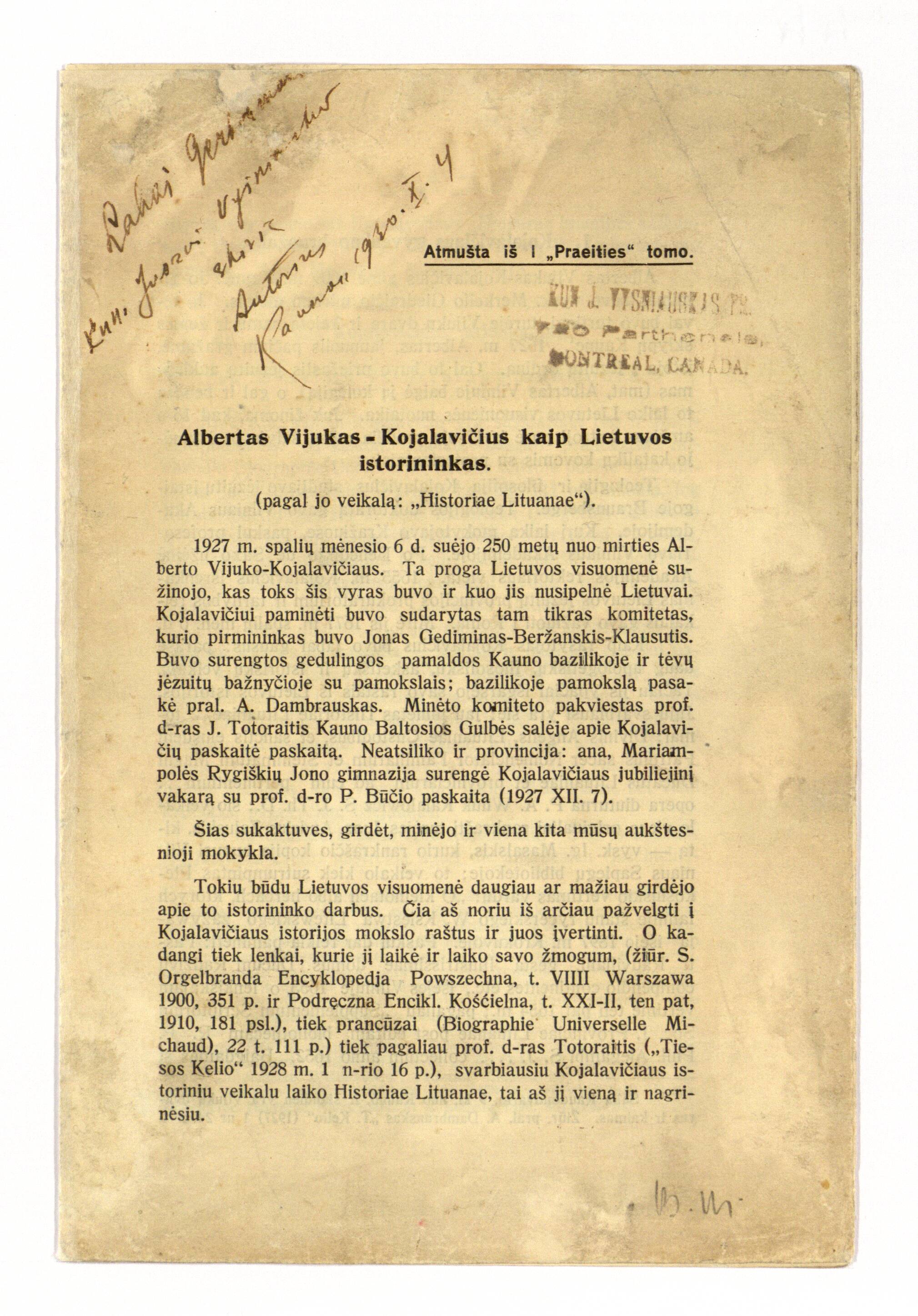 Leidinio apie Albertą Vijūką-Kojelavičių antraštinis puslapis, tiesiogiai nurodantis jo veikalą „Historiae Lituanae“.
