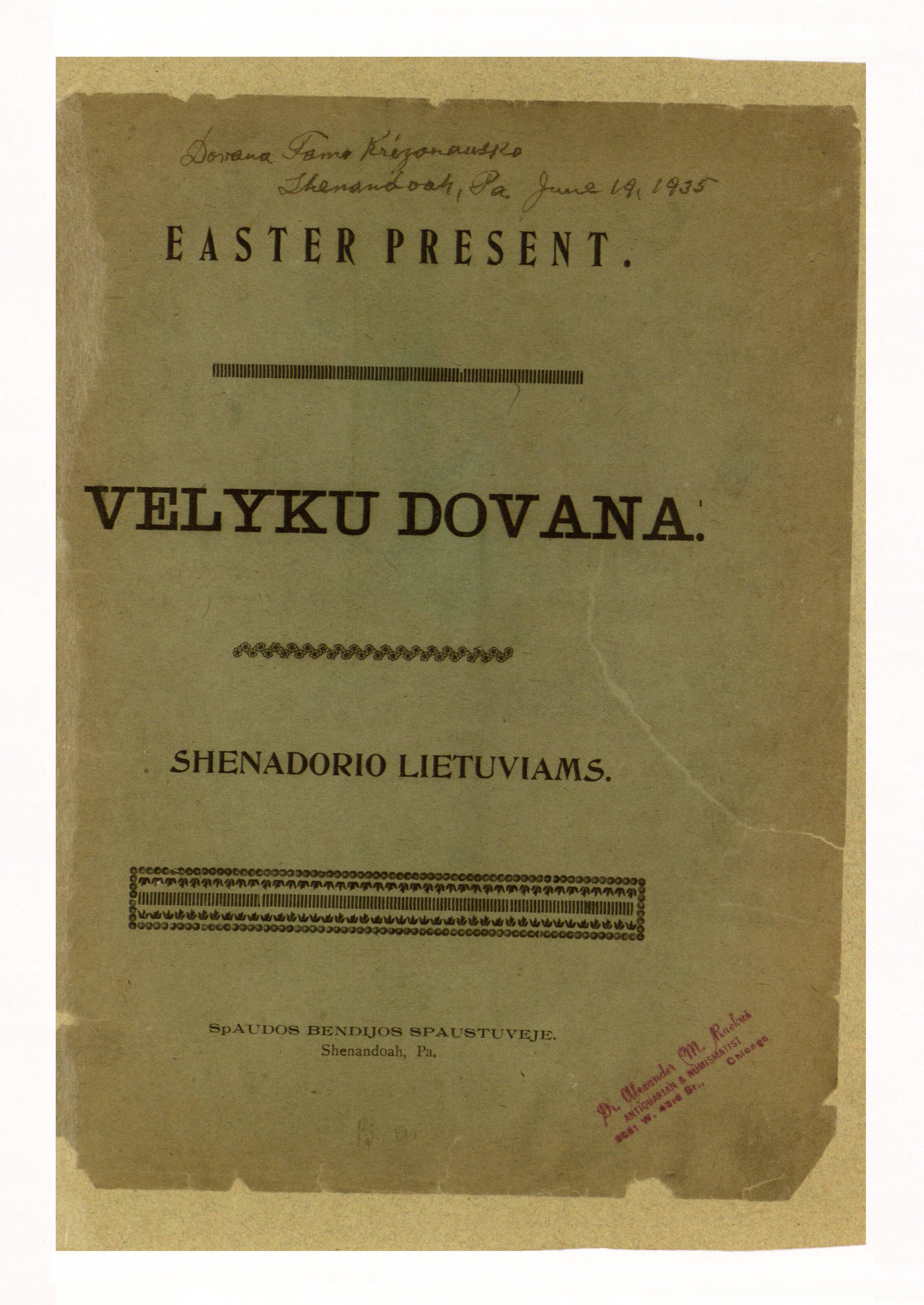 1935 m. leidinys „Velykų dovana“ Shenandoah lietuviams.