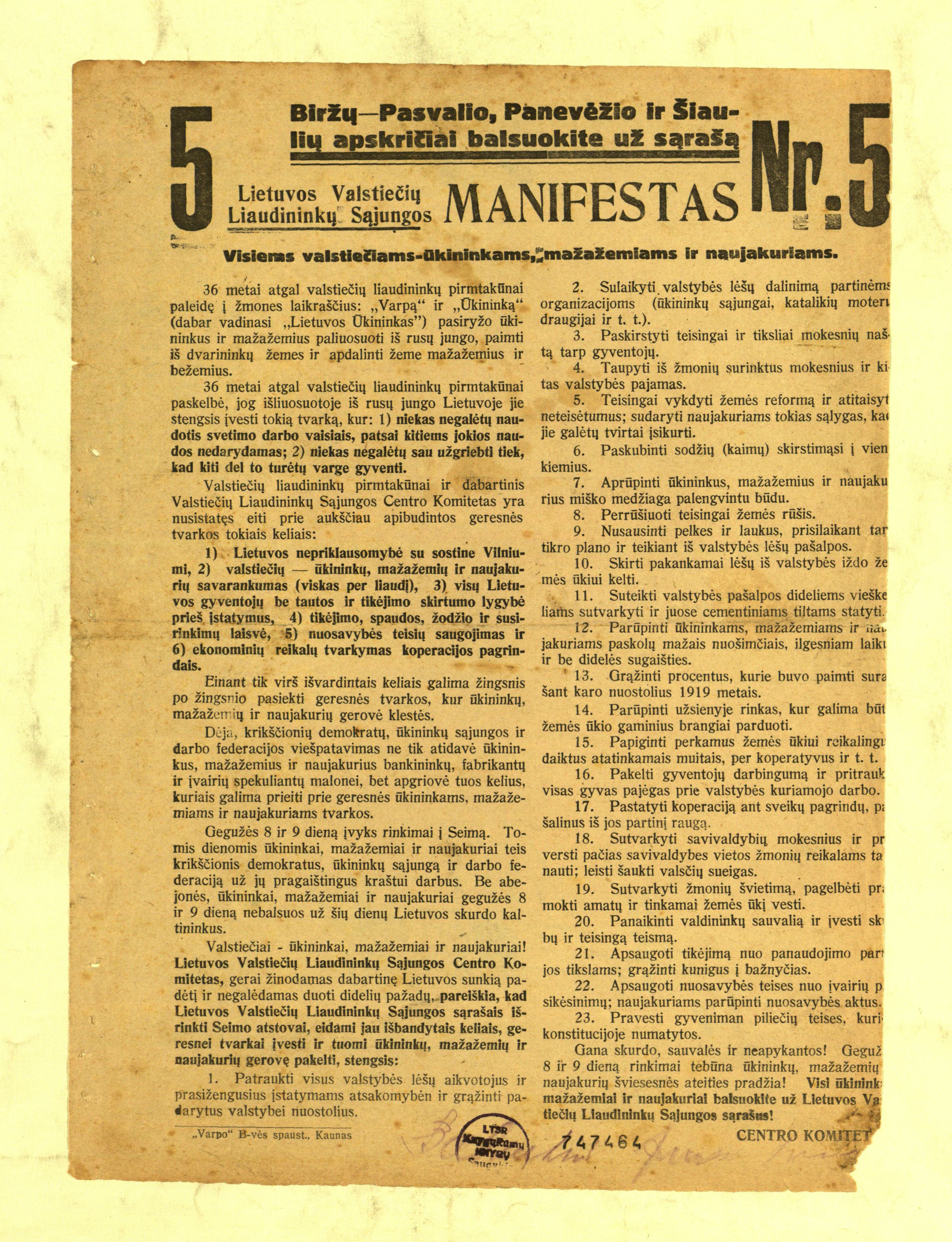 Lietuvos valstiečių liaudininkų sąjungos manifestas, 1926 m.