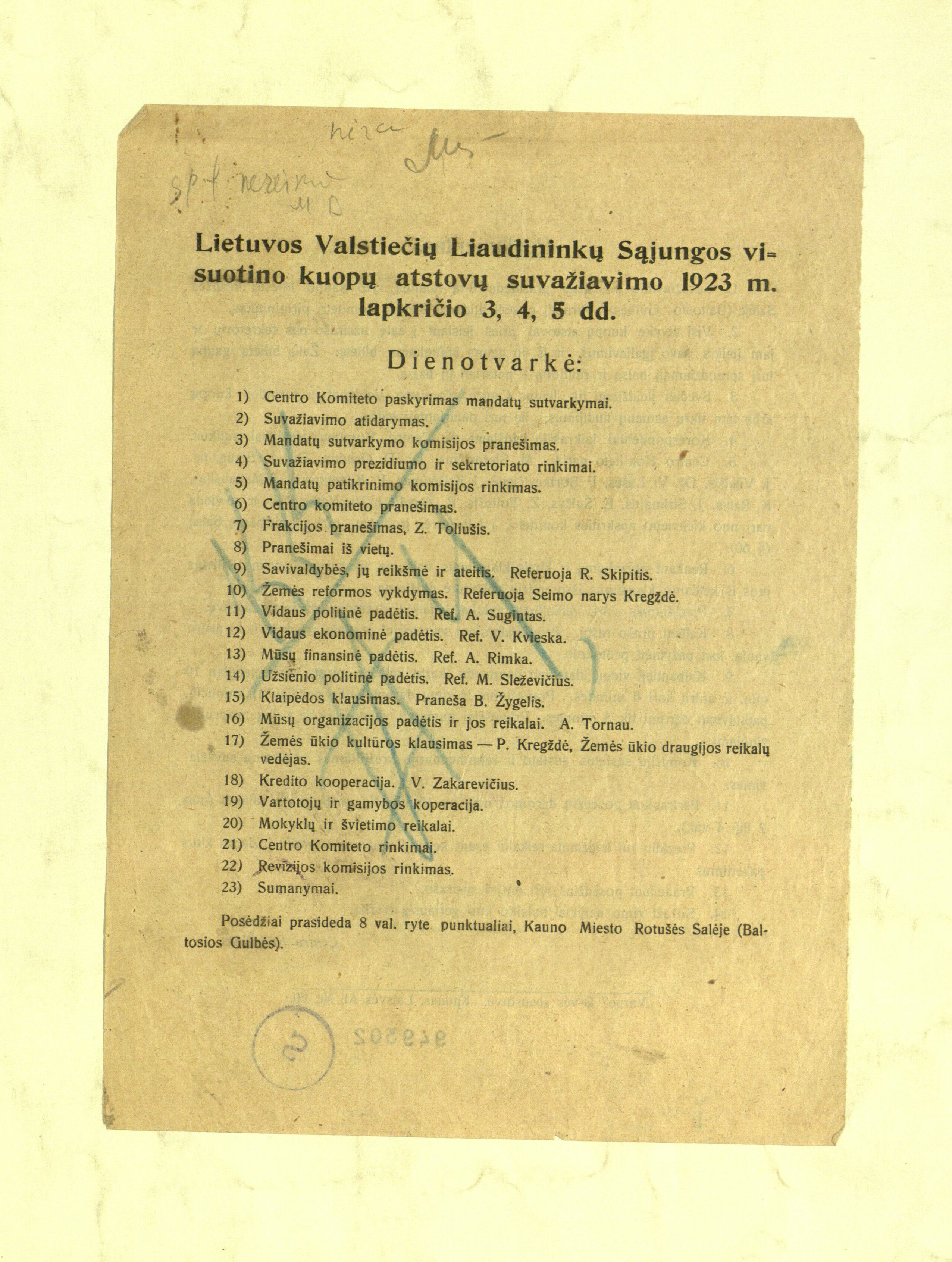 Lietuvos valstiečių liaudininkų sąjungos kuopų atstovų suvažiavimo darbotvarkė, 1923 m.