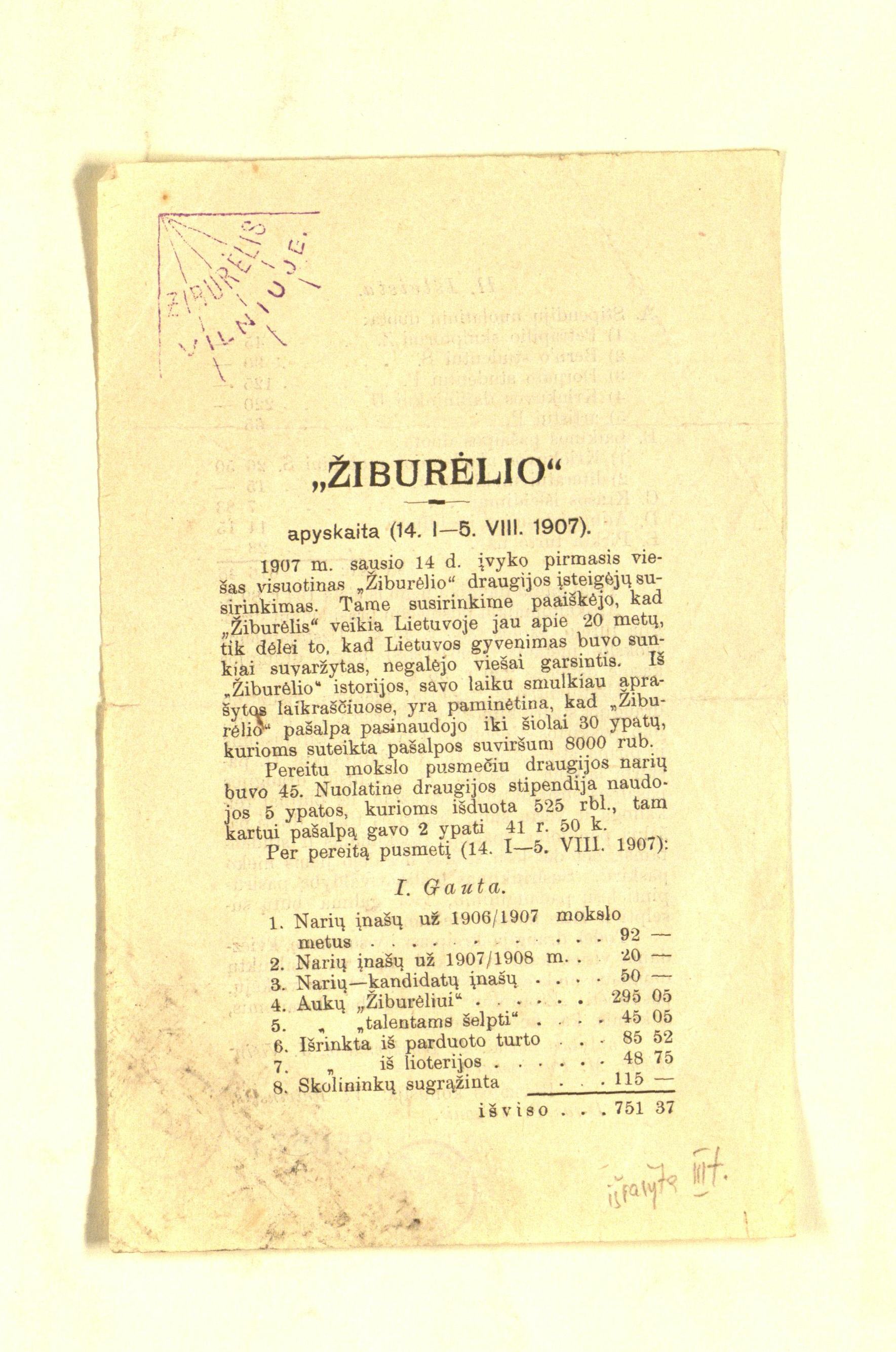 1907 m. „Žiburėlio“ draugijos veiklos apyskaita, susijusi su lietuvių švietimo rėmimu.