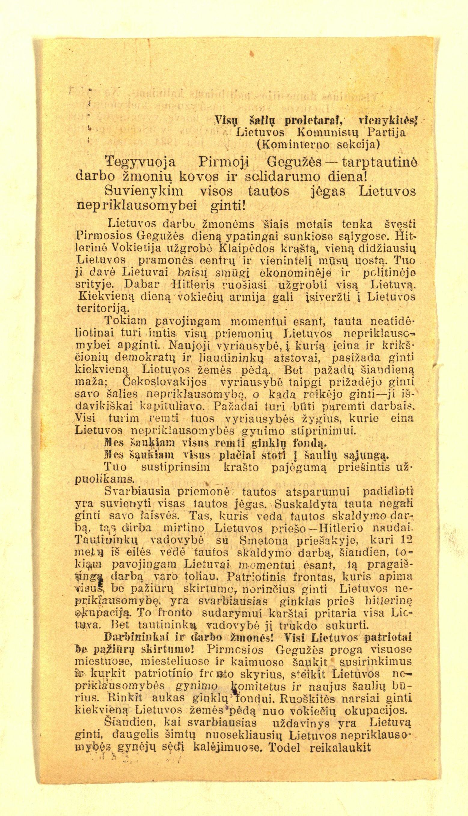 Lietuvos komunistų partijos Centro komiteto 1939 m. gegužės 1-osios atsišaukimas.