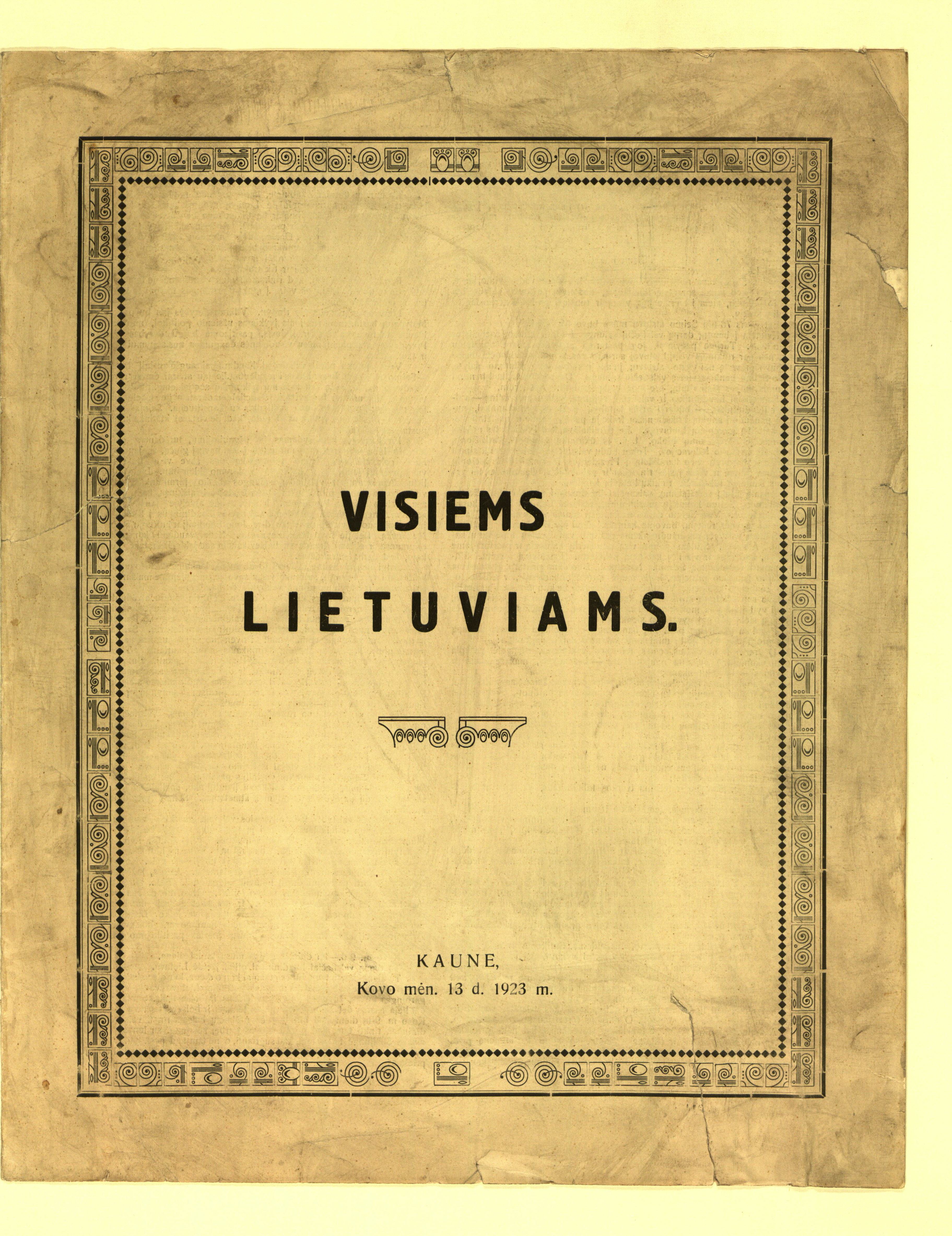 1923 m. atsišaukimas „Visiems lietuviams“ apie Seimo paleidimą.