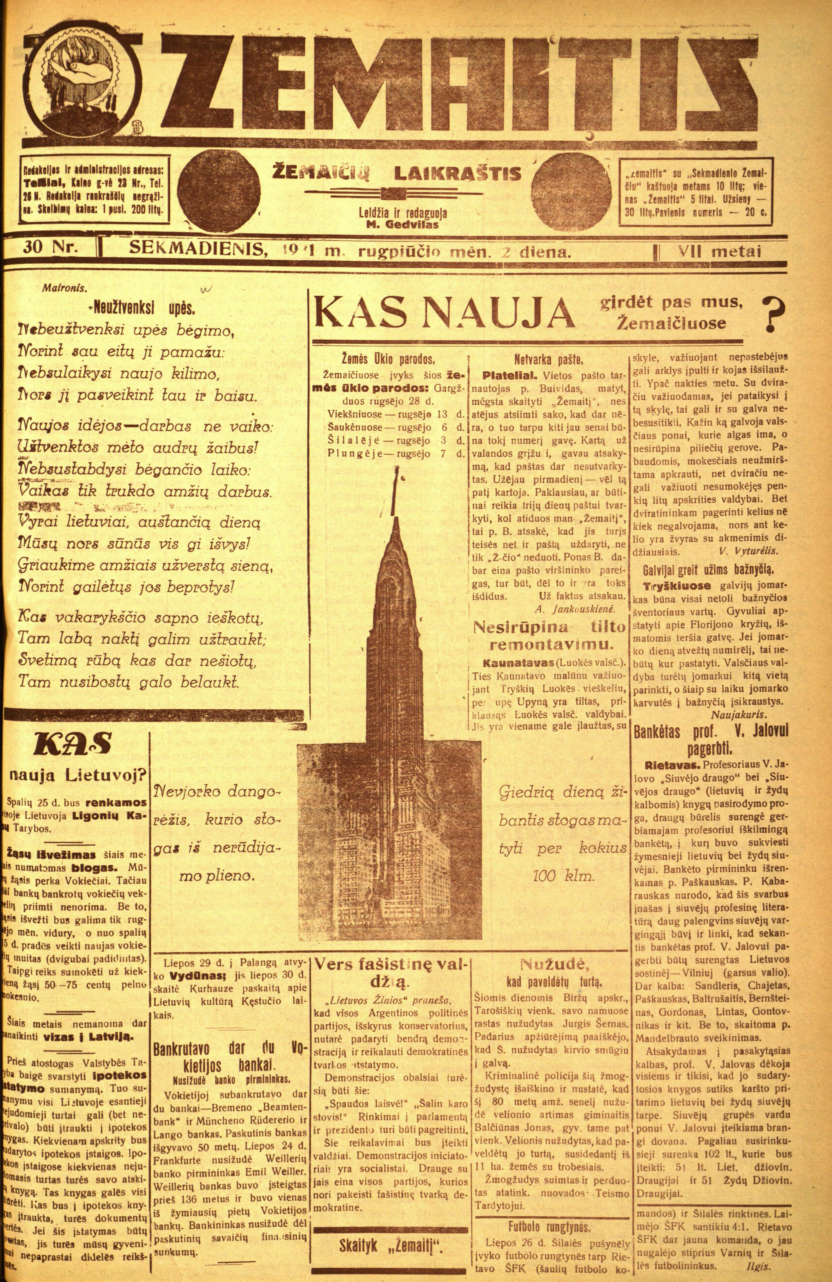 Laikraščio „Žemaitis“ numerio viršelis su paantrašte „Žemaičių laikraštis“.