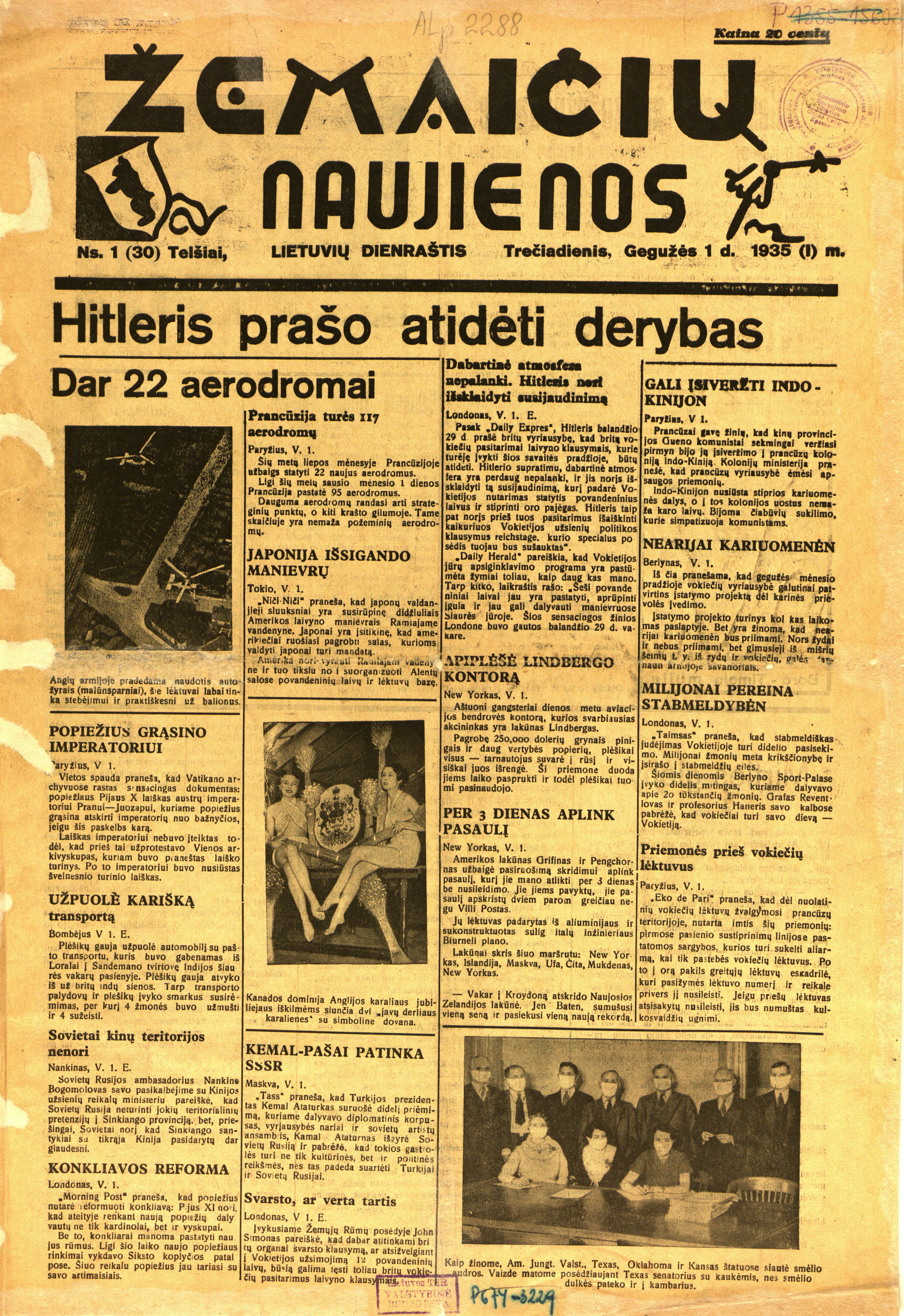 1935 m. laikraščio „Žemaičių naujienos“ pirmasis puslapis.