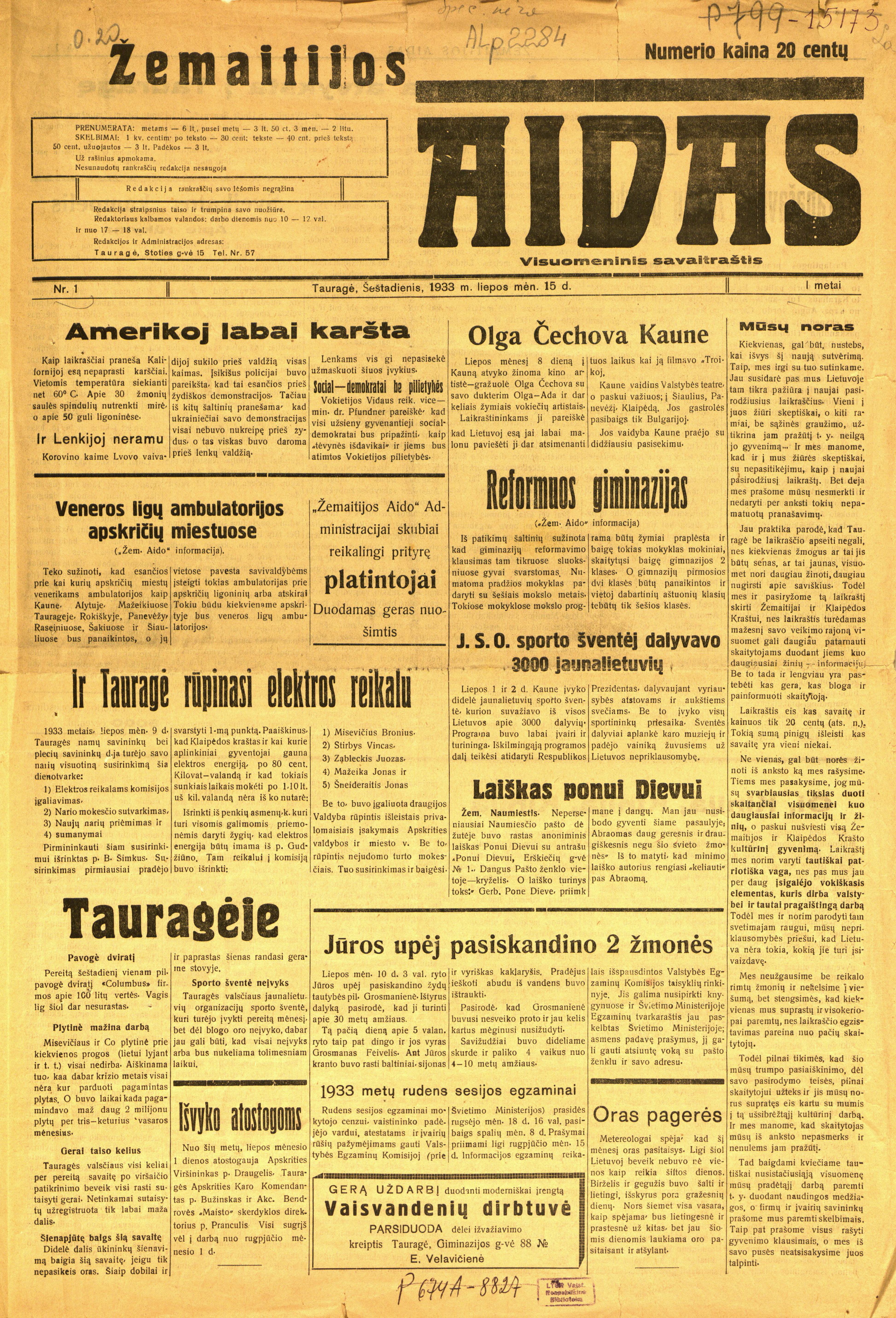 1933 m. visuomeninio savaitraščio „Žemaitijos aidas“ pirmasis puslapis.