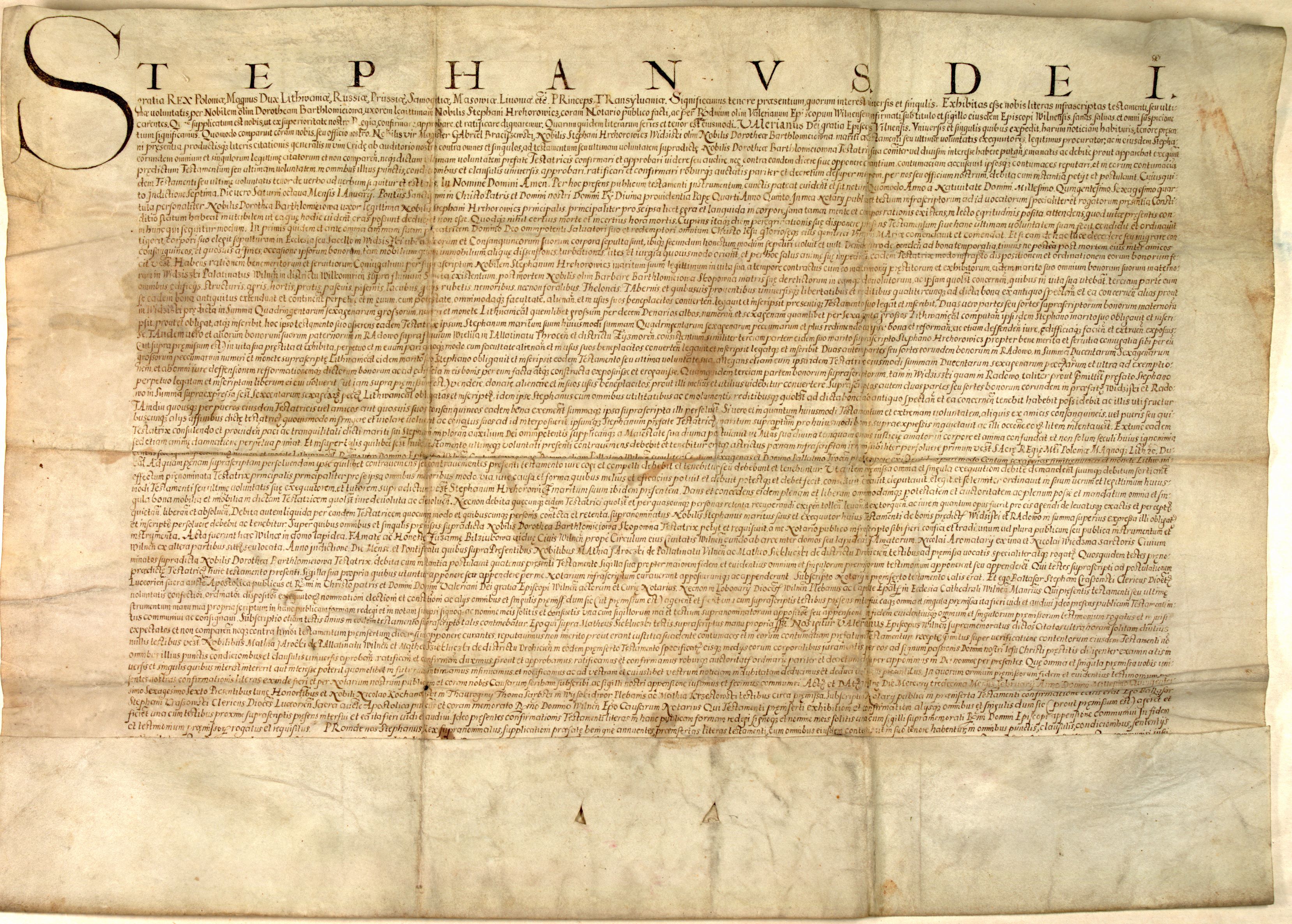 1582 m. Stepono Batoro raštas, susijęs su Vilniaus vyskupo Valerijono Protasevičiaus patvirtintu testamentu.