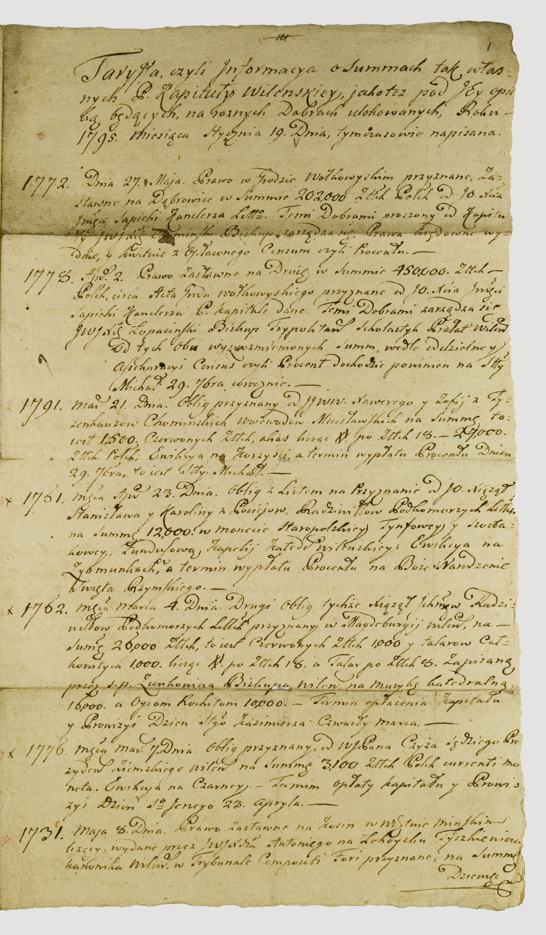 Vilniaus kapitulos 1723–1793 m. piniginių lėšų sąrašo lapas, kuriame minimas Aleksandras Mykolas Sapiega