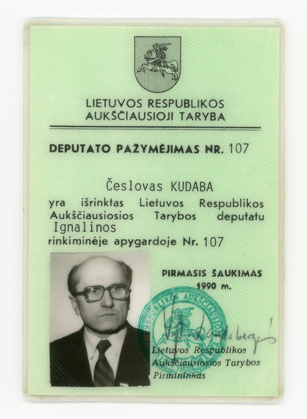 Lietuvos Respublikos Aukščiausiosios Tarybos deputato Česlovo Kudabos pažymėjimas