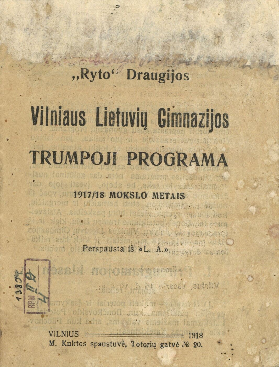 „Ryto“ draugijos Vilniaus lietuvių gimnazijos programos viršelis