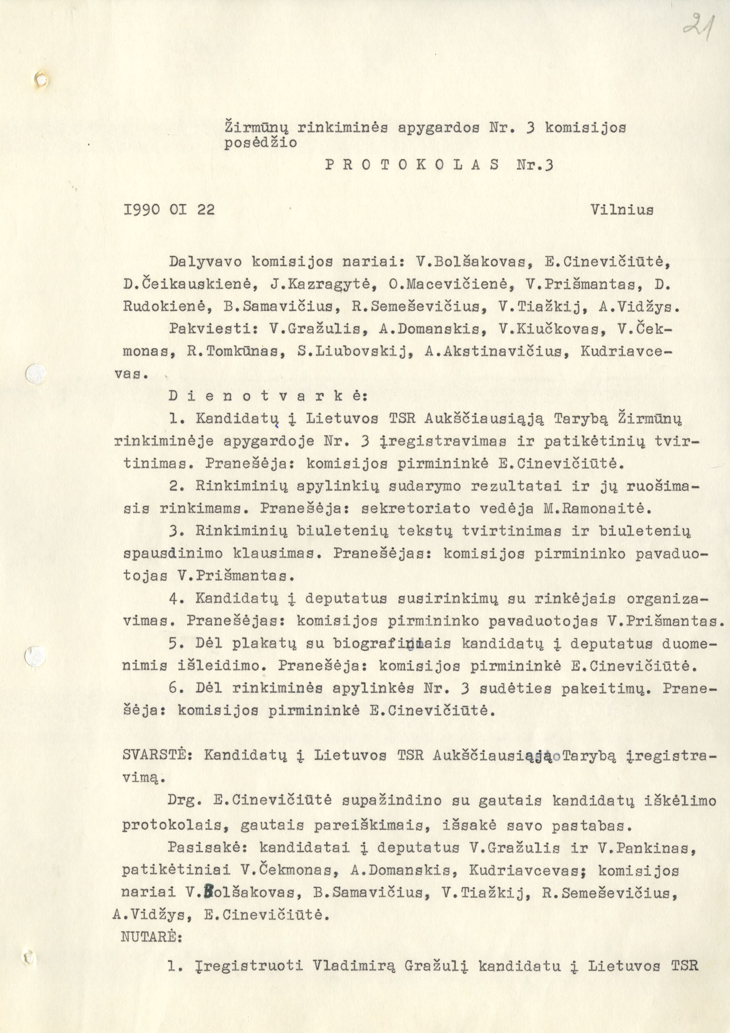 1990 m. Lietuvos TSR Aukščiausiosios Tarybos rinkimų apygardos komisijos posėdžio protokolas.