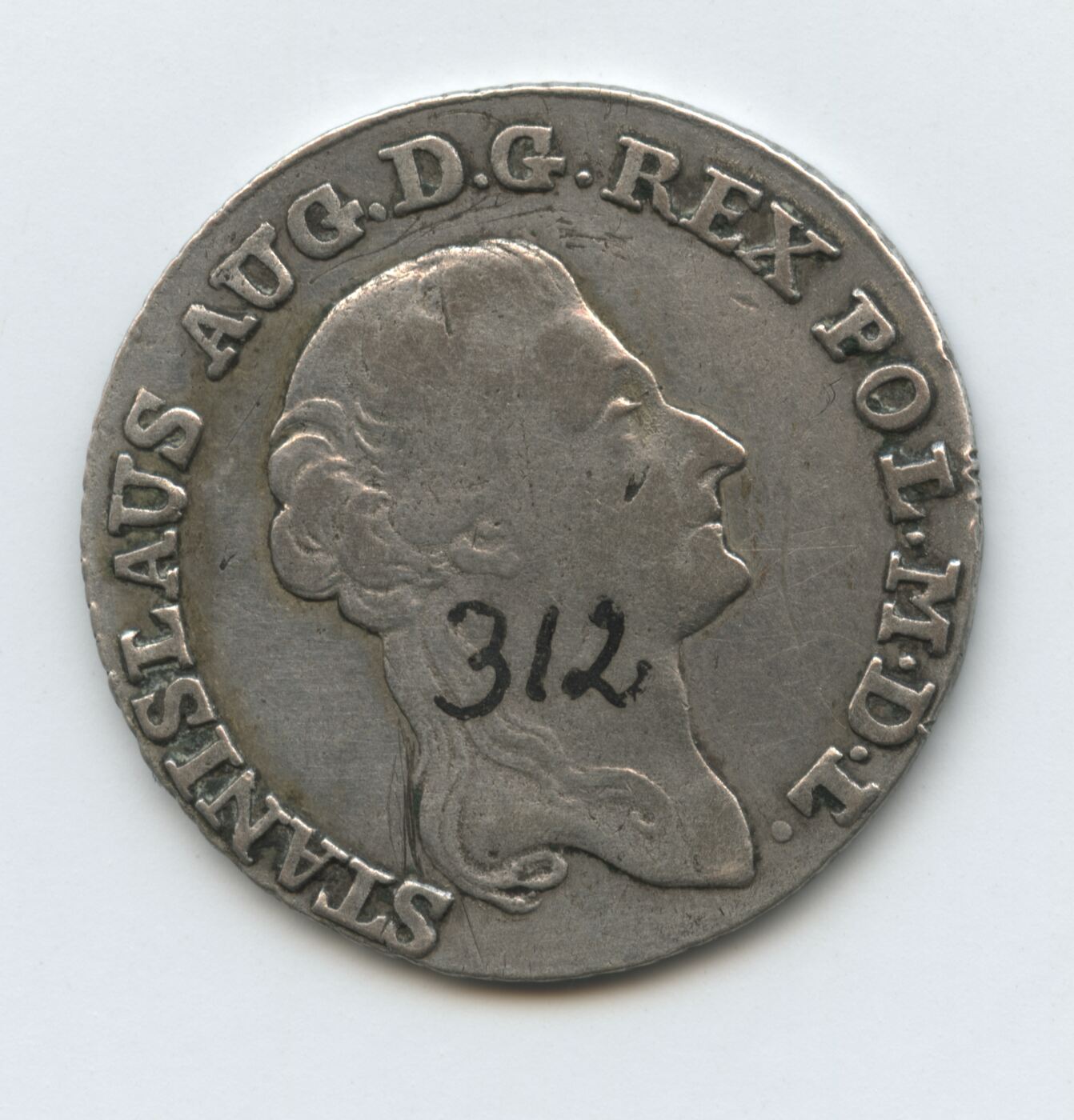 Abiejų Tautų Respublikos 1792 m. 4 sidabrinių grašių moneta su Stanislovo Augusto Poniatovskio portretu ir Lenkijos bei Lietuvos herbais.