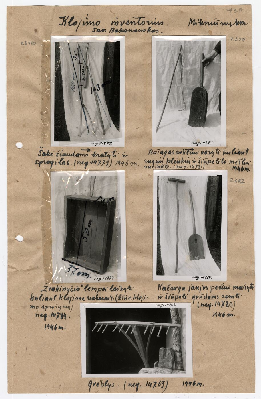Stasys Ivanauskas, Archyvinės bylos Nr. 84 lapas 93. Šiaulių apskr., Pašvitinio vlsč., Mikniūnų kaimo Igno Bakanausko sodybos klojimo inventoriaus fotografijos