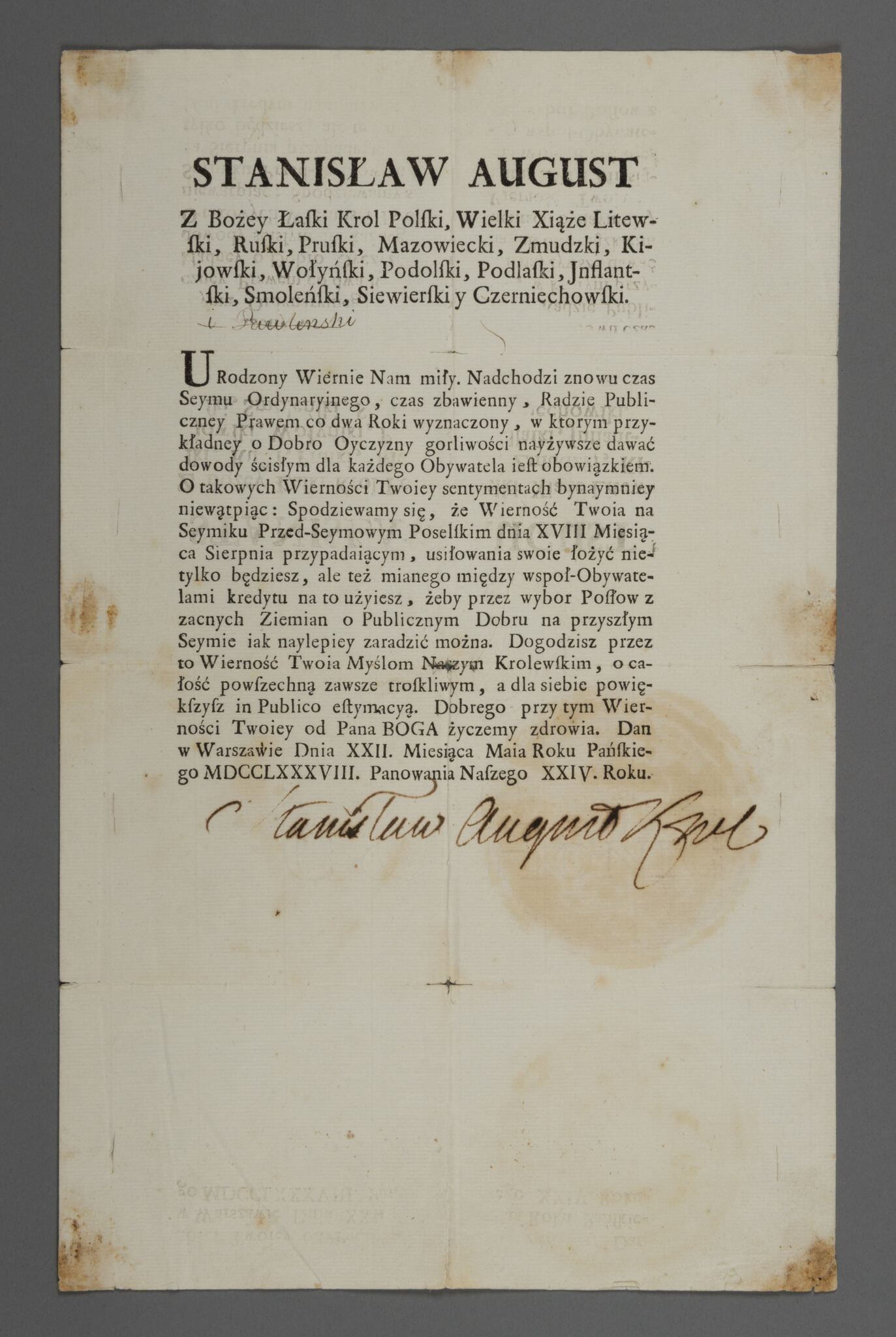 Stanislovo Augusto Poniatovskio raštas Juozapui Bialozarui.