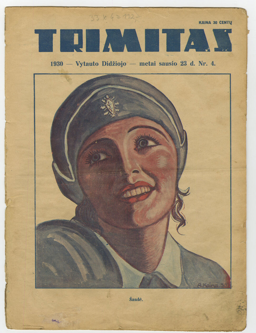 Lietuvos šaulių sąjungos žurnalo „Trimitas“ Nr. 4 viršelis su šaulės atvaizdu, 1930 m.