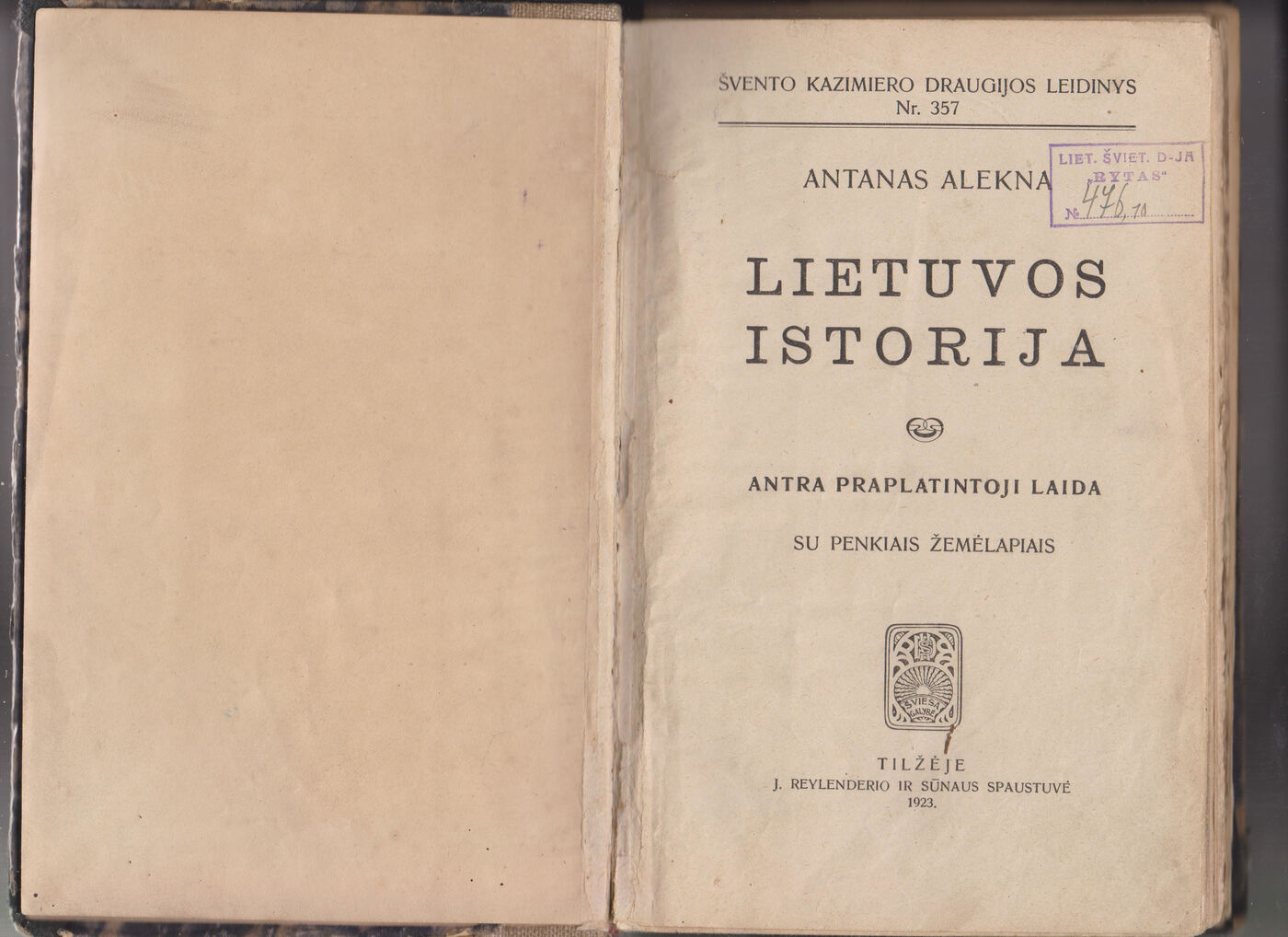 Antano Aleknos „Lietuvos istorijos“ 1923 m. leidimo antraštinis lapas.