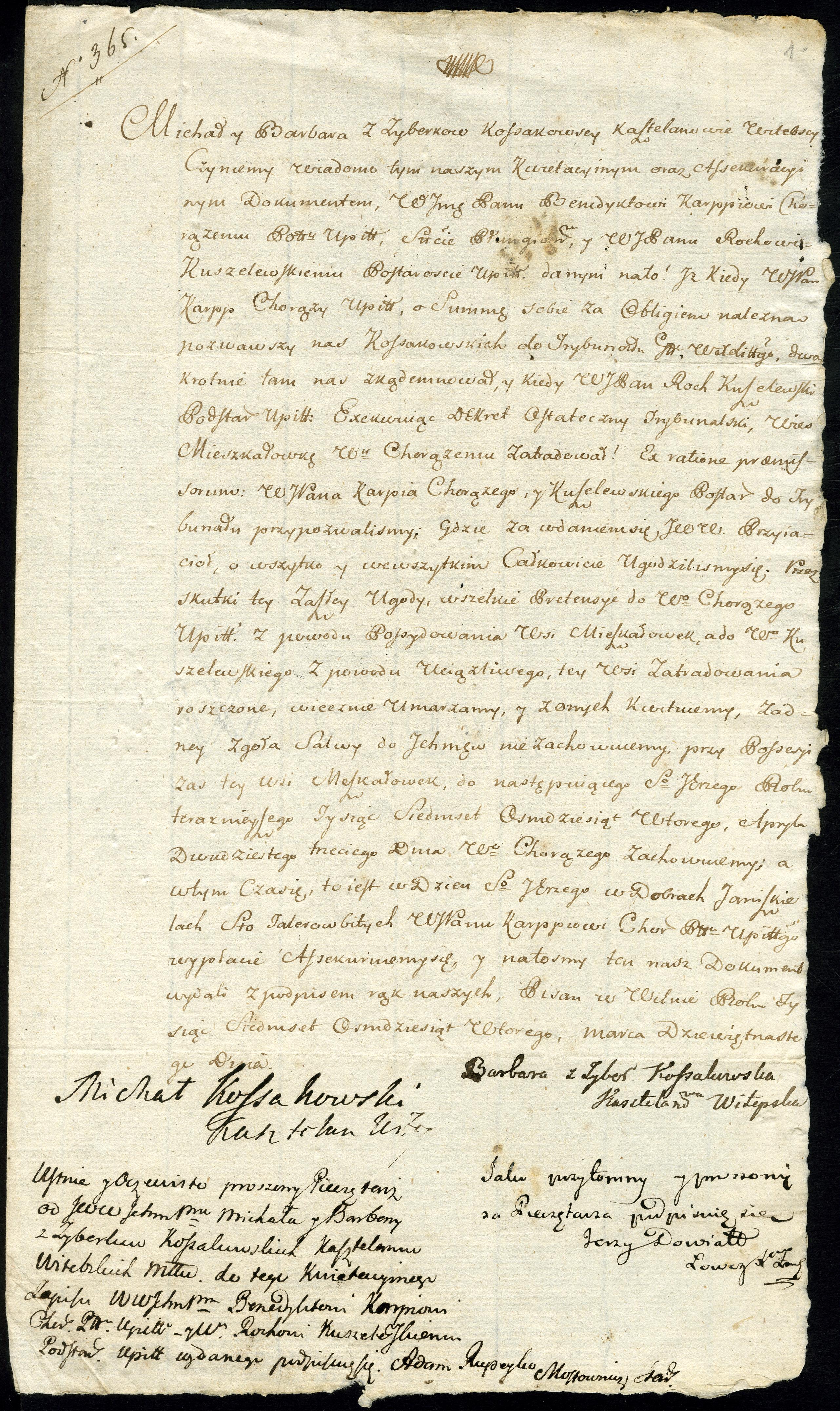 1782 m. dokumentas apie Vitebsko kaštelioną Mykolą Kosakovskį ir jo žmoną Barborą.