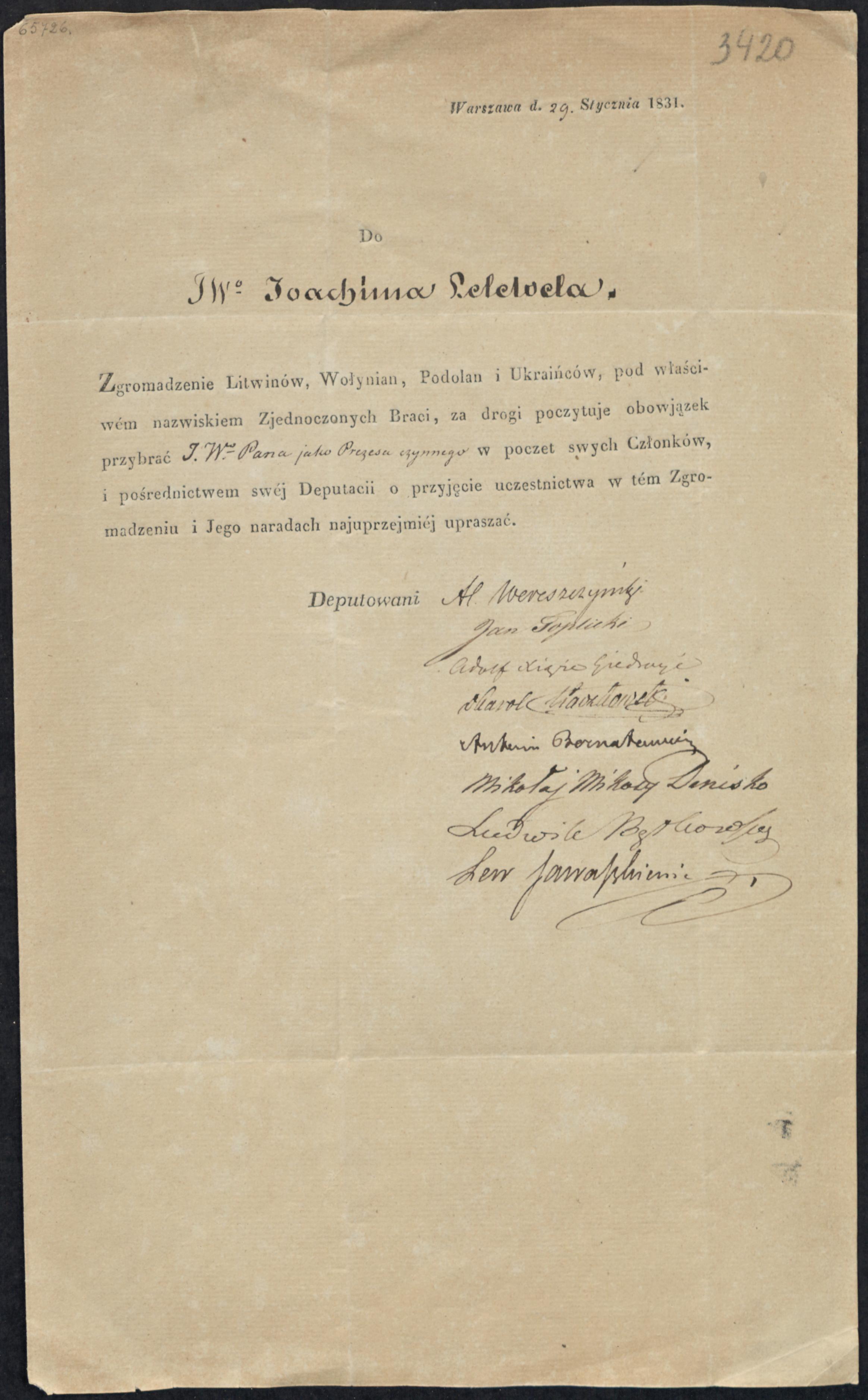 1831 m. dokumentas apie lietuvių, voluinų, podolų ir ukrainiečių draugiją bei Joachimo Lelevelio išrinkimą jos pirmininku.