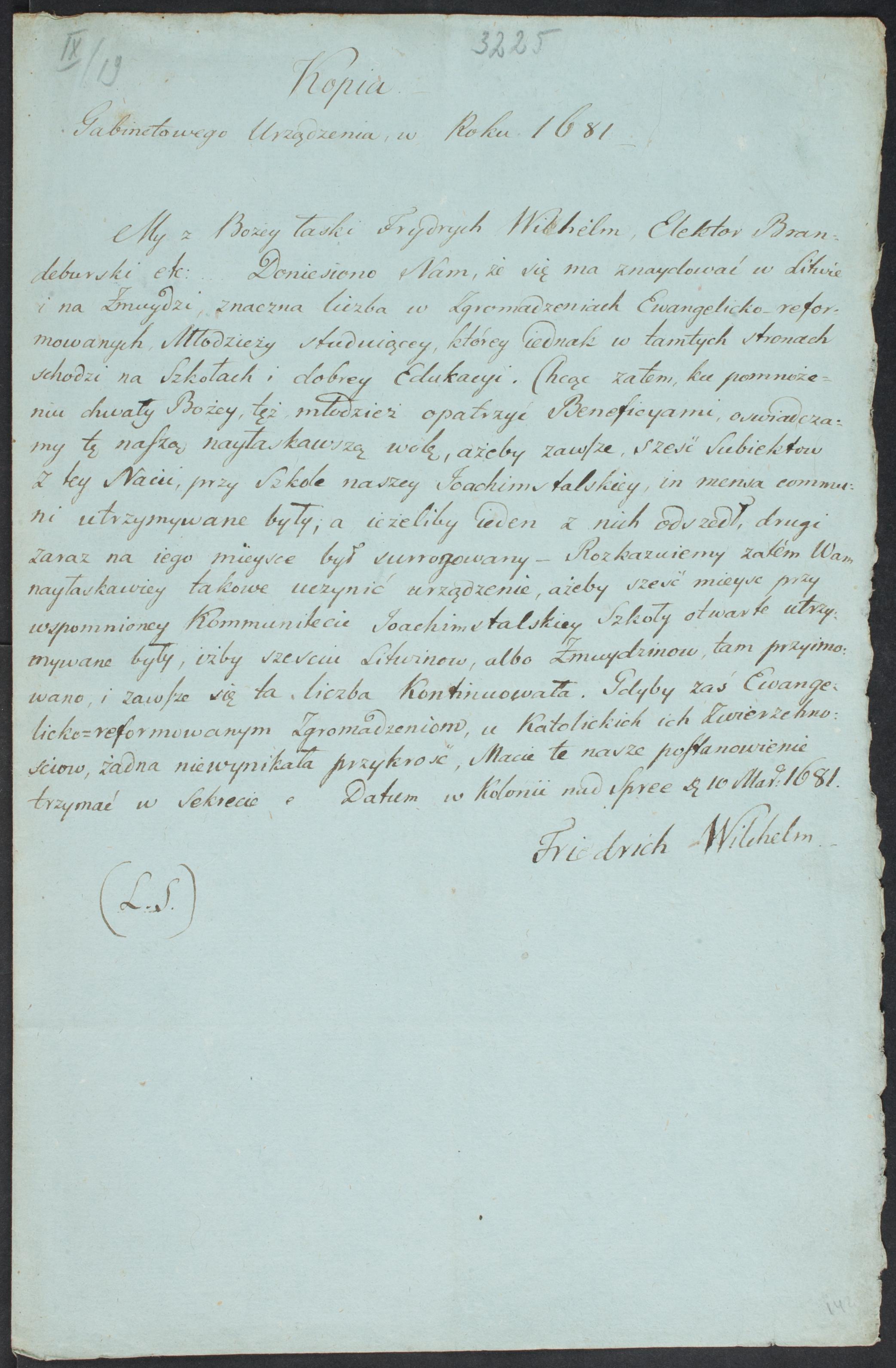 1681 m. dokumento kopija apie šešias vietas lietuviams ir žemaičiams Joachimštalio mokykloje.