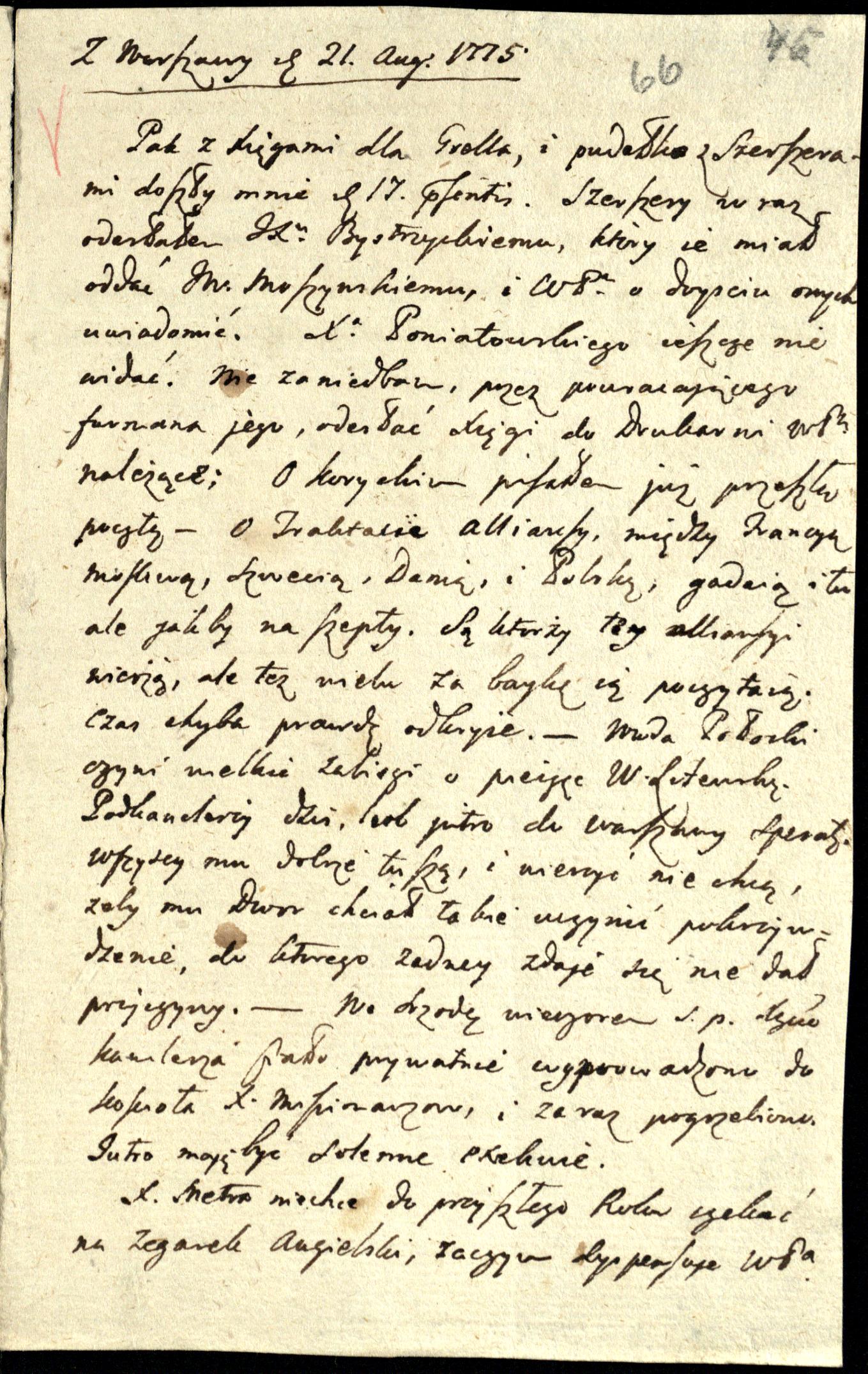 Jano Ševaljė 1775 m. laiško rankraštis, kuriame minimas Polocko vaivada Aleksandras Mykolas Sapiega.